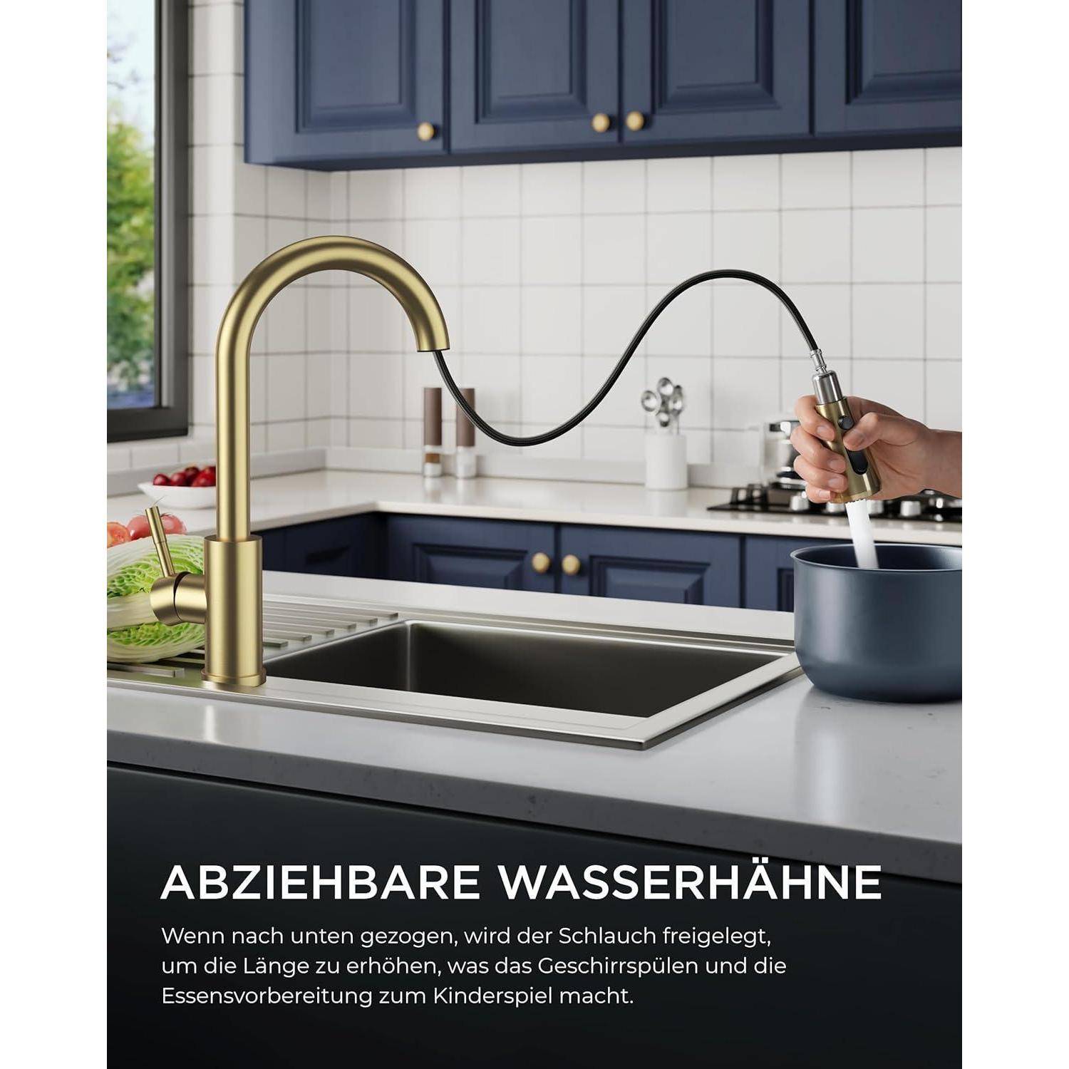 Wasserhahn Hochdruck ausziehbar Brause 360 schwenkbar Gebürstetes Gold