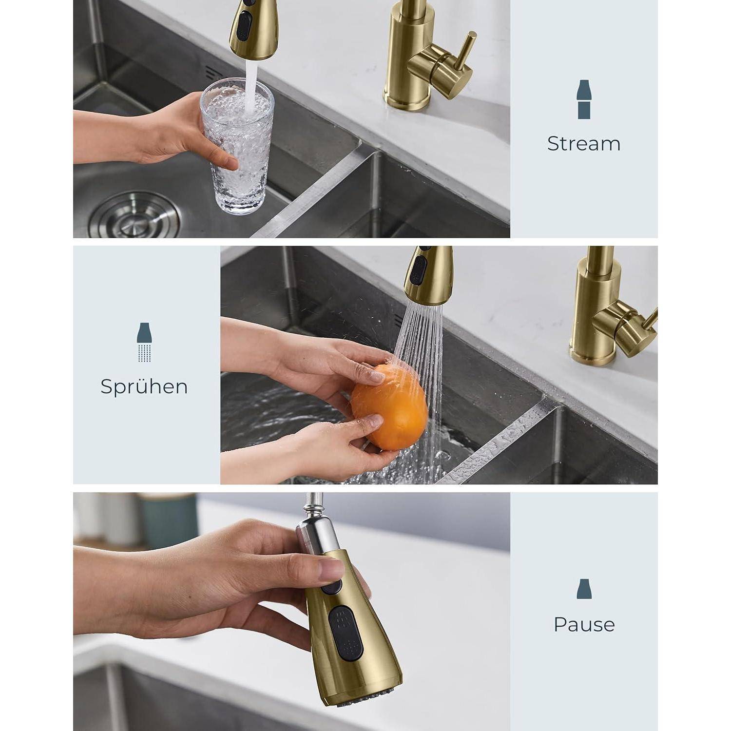 Wasserhahn Hochdruck ausziehbar Brause 360 schwenkbar Gebürstetes Gold