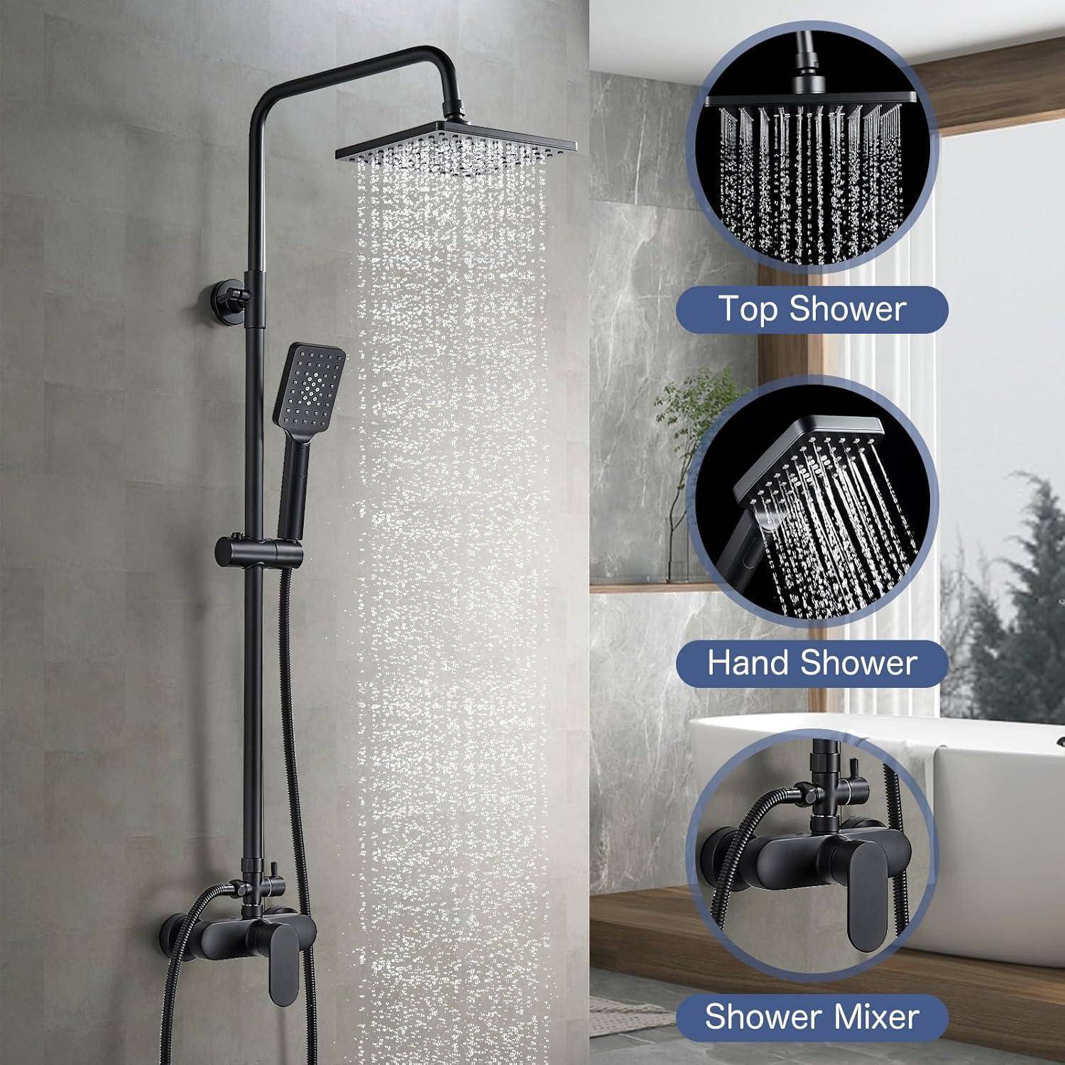 Modernes Duschsystem mit Aufputz-Brausearmaturen, bestehend aus einer Regendusche von oben, einer Handbrause und einem Mischer. Jede Komponente ist mit ihrer Funktion beschriftet.