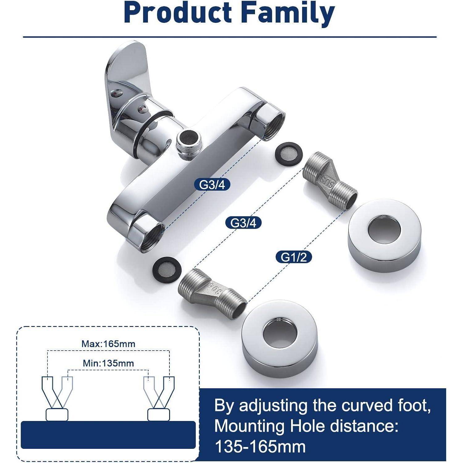 Die 'Produktfamilie' umfasst einen Metallhahn mit verstellbaren Anschlüssen, gekennzeichnet mit G3/4 und G1/2. Lochabstand für die Befestigung: 135-165 mm.