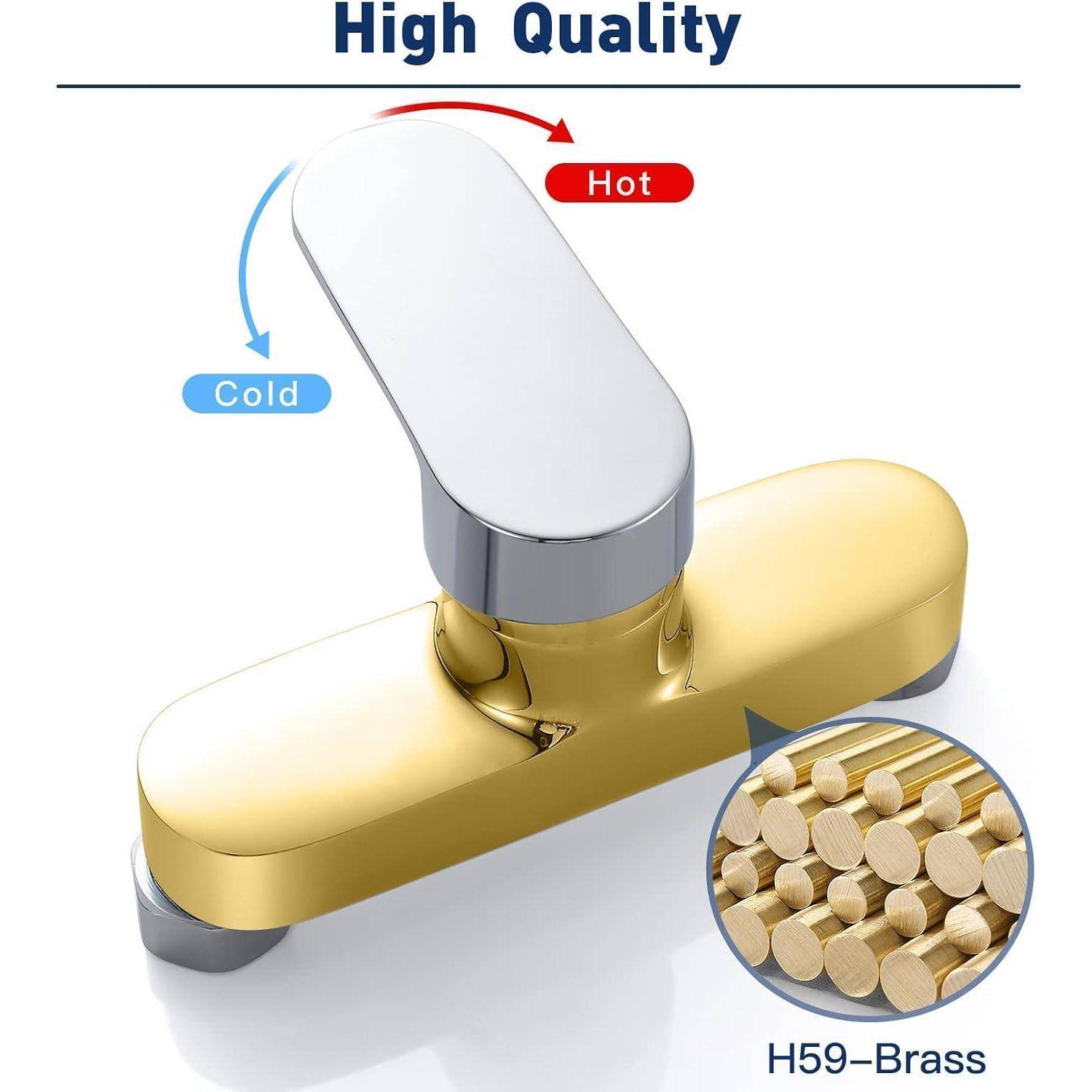 Goldhahn-Badezimmerarmatur mit Doppelgriff für Warm- und Kaltwasser, hervorgehoben durch ein 'High Quality' Etikett und Materialdetail aus H59-Messing.
