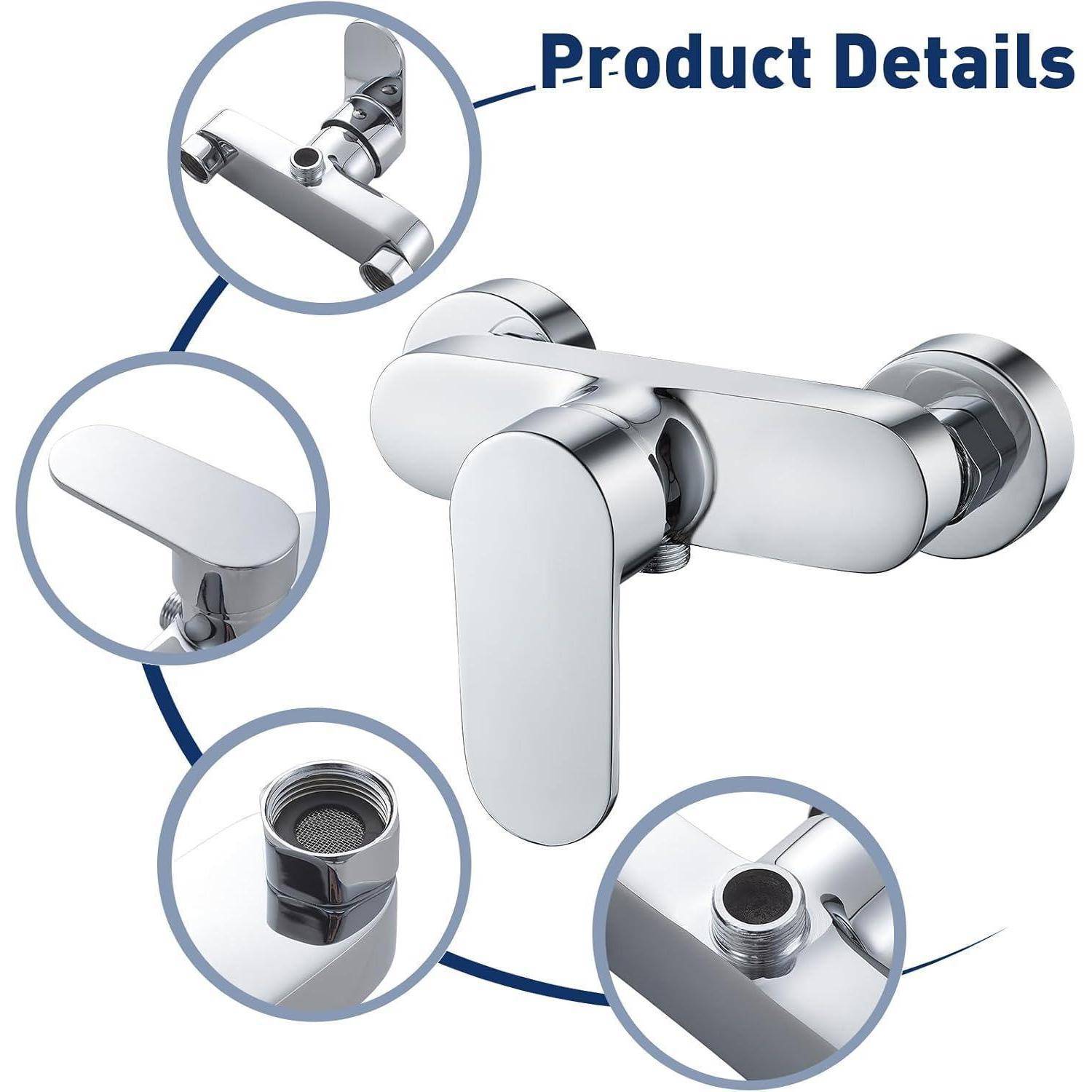 Eine elegante Chrom-Badezimmerarmatur mit 'Produktdetails'-Text, die Nahaufnahmen des Griffs, der Anschlüsse und des Auslaufs in kreisrunden Ausschnitten präsentiert.