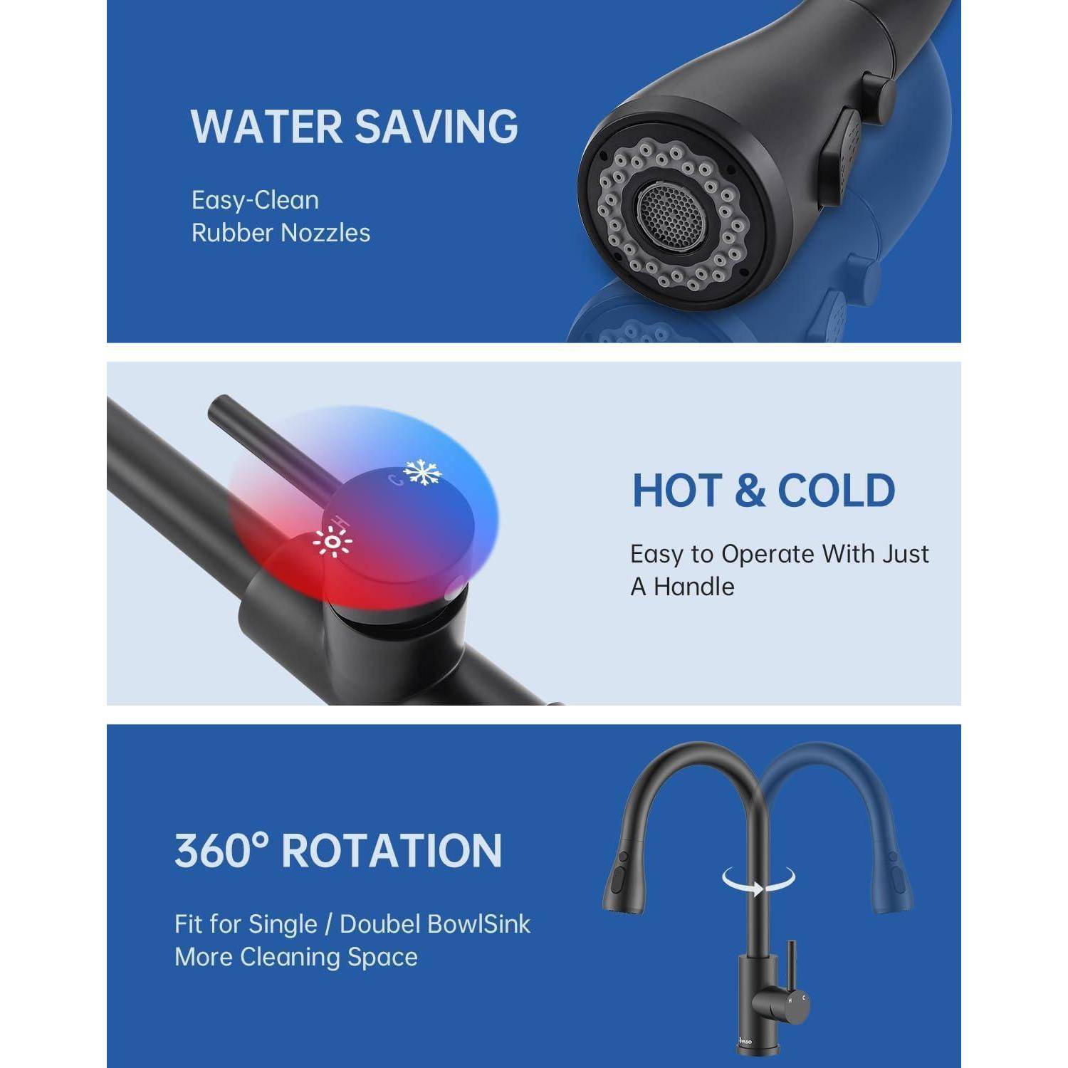 Küchenarmatur Ausziehbar Hochdruck 3 Strahlarten Armatur Schwar-327mb