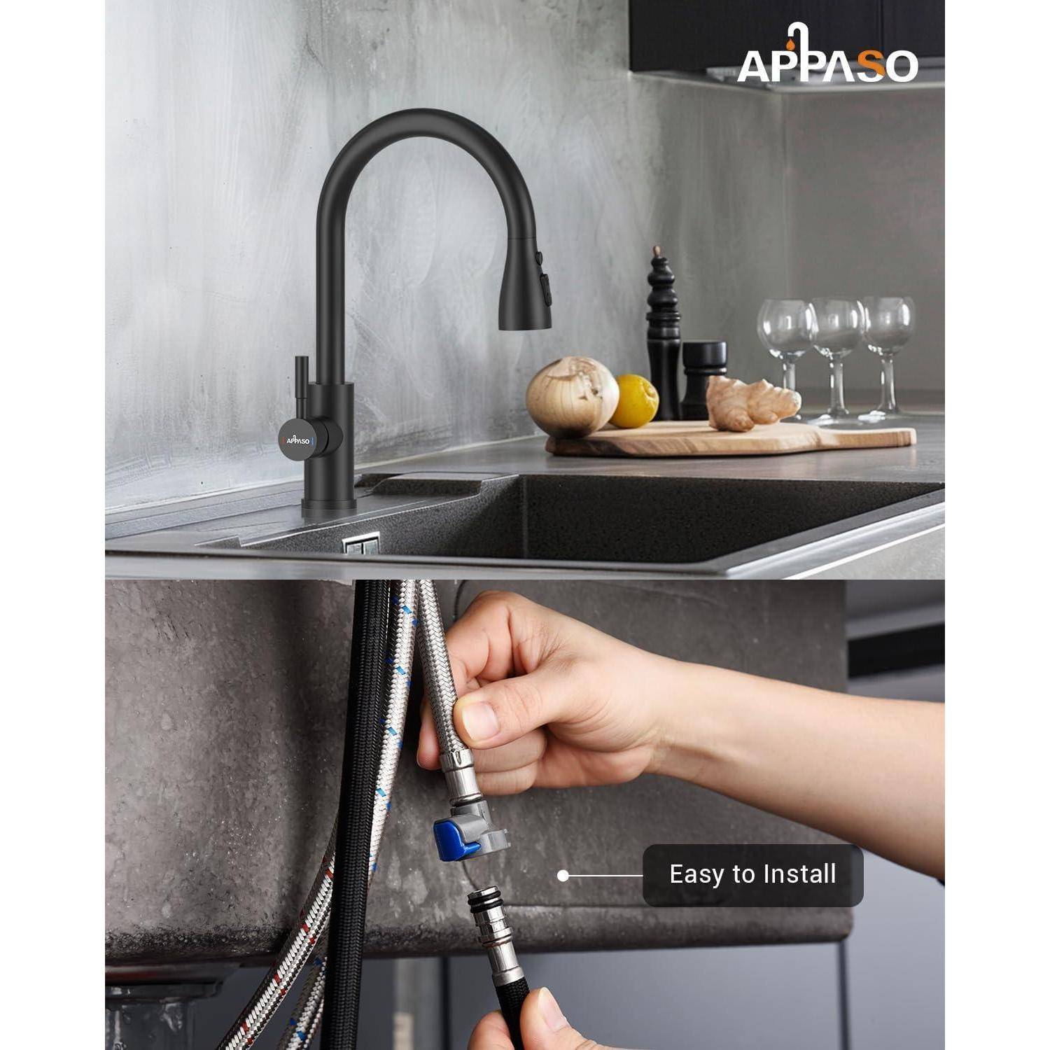 Ein moderner Wasserhahn mit mattschwarzem Finish ist über einem Waschbecken installiert. Eine Hand verbindet einen Wasserschlauch und demonstriert die einfache Installation.