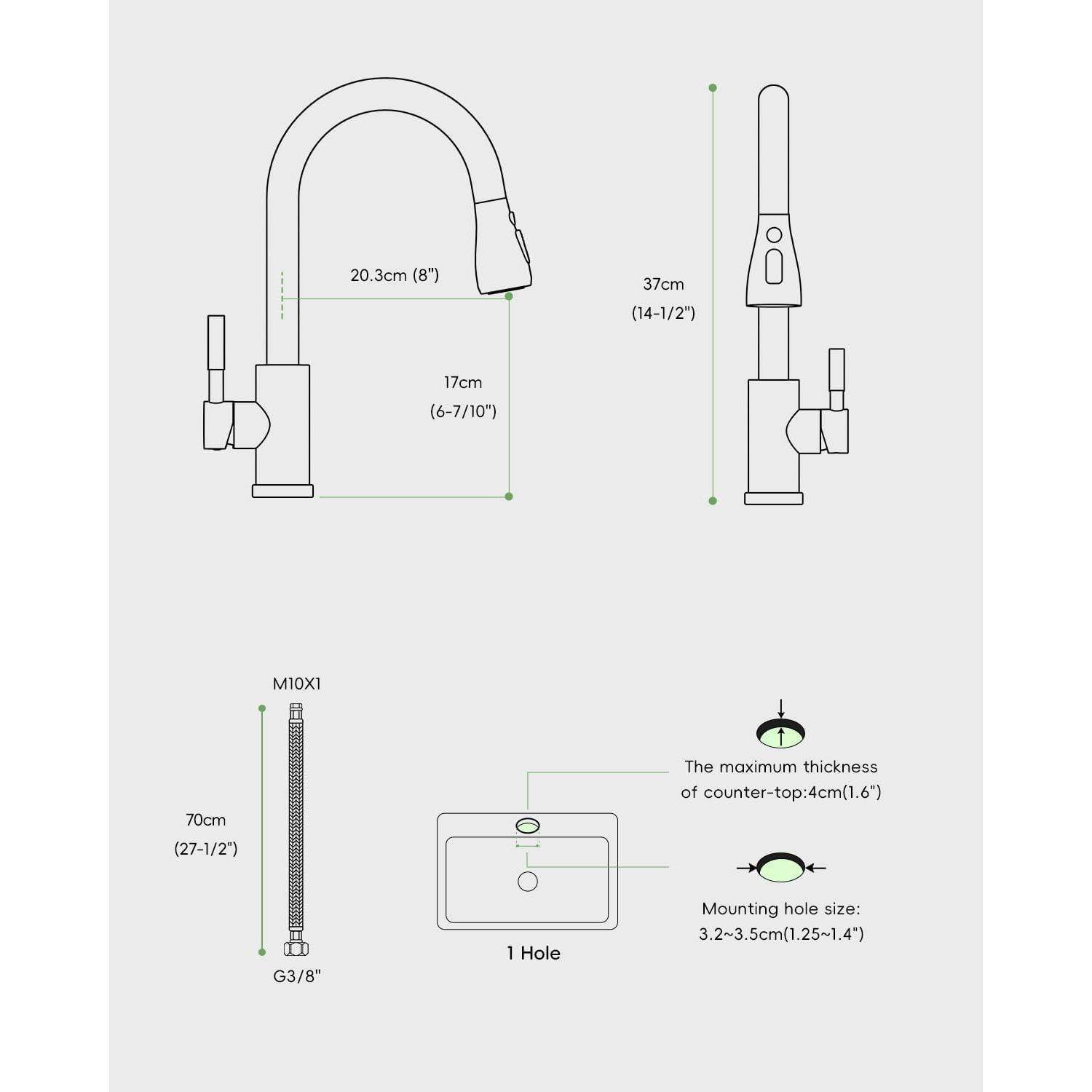 Diagramm mit Armaturabmessungen: Gesamthöhe 37 cm, Auslaufhöhe 20,3 cm, Auslaufreichweite 17 cm. Enthält Installationsanforderungen.