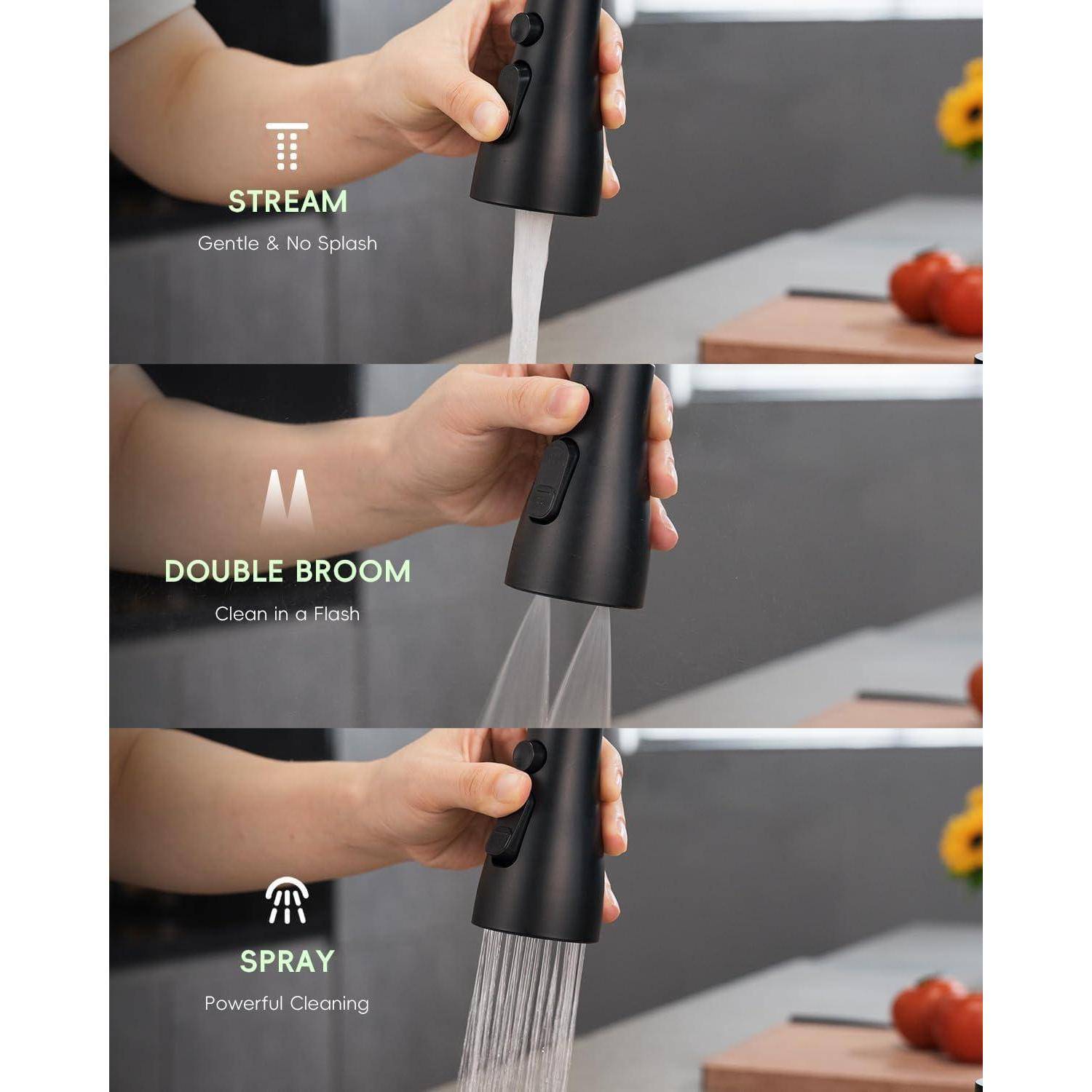 Drei Bilder zeigen Wasserhahnarmaturen-Funktionen: 'Strahl - Sanft & Ohne Spritzer', 'Doppelbesen - Blitzschnell Reinigen', 'Sprühen - Kraftvolle Reinigung'.