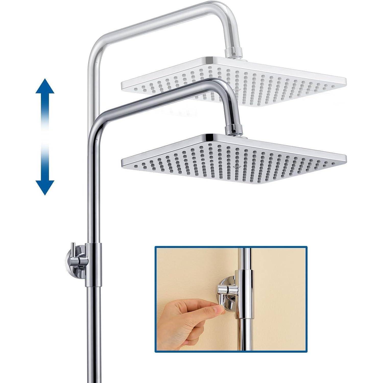 Eine Brause mit verstellbarer Höhe wird dargestellt, die eine Anpassung für Benutzer ermöglicht. Eine Detailansicht zeigt eine Hand, die den Höhenverstellmechanismus bedient.