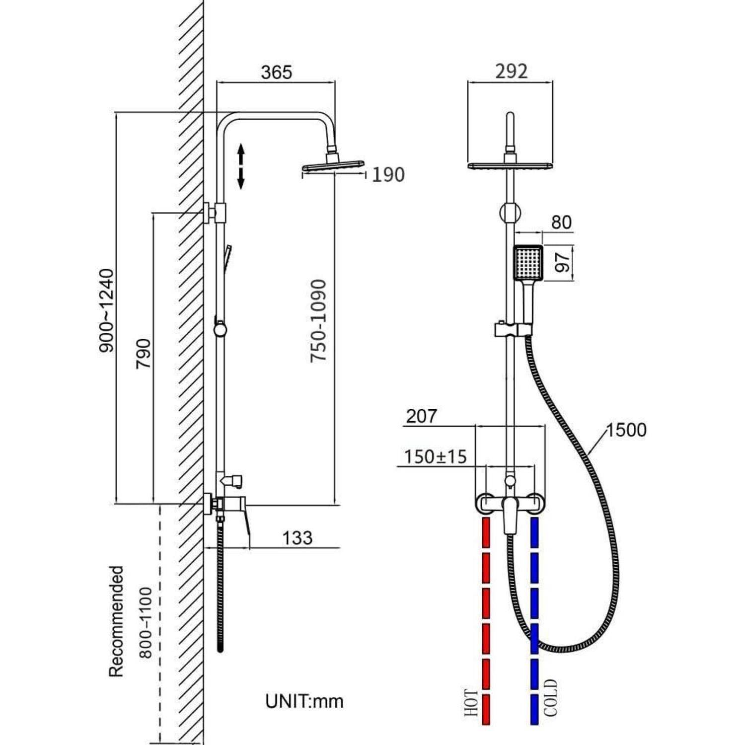 Diagramm eines Duschenssystems mit Maßangaben in Millimetern. Enthält Duschkopf von oben und Handbrause mit Höhen- und Rohrmaßen.