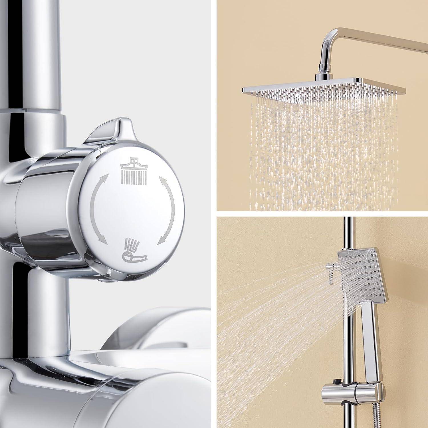 Chrom-Duscharmatur mit Regenduschkopf. Wasserstrahl ist sichtbar und zeigt den Wasserfluss sowohl von der Deckendusche als auch von der Handbrause an.