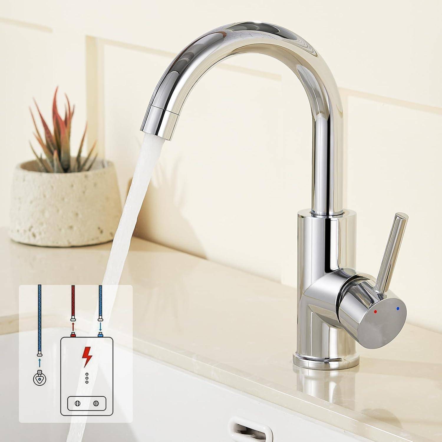 Ein Chromhahn mit fließendem Wasser, neben einer kleinen Pflanze. Einblendung: Diagramm, das eine Verbindung zum Warmwasserboiler mit farbcodierten Leitungen zeigt.