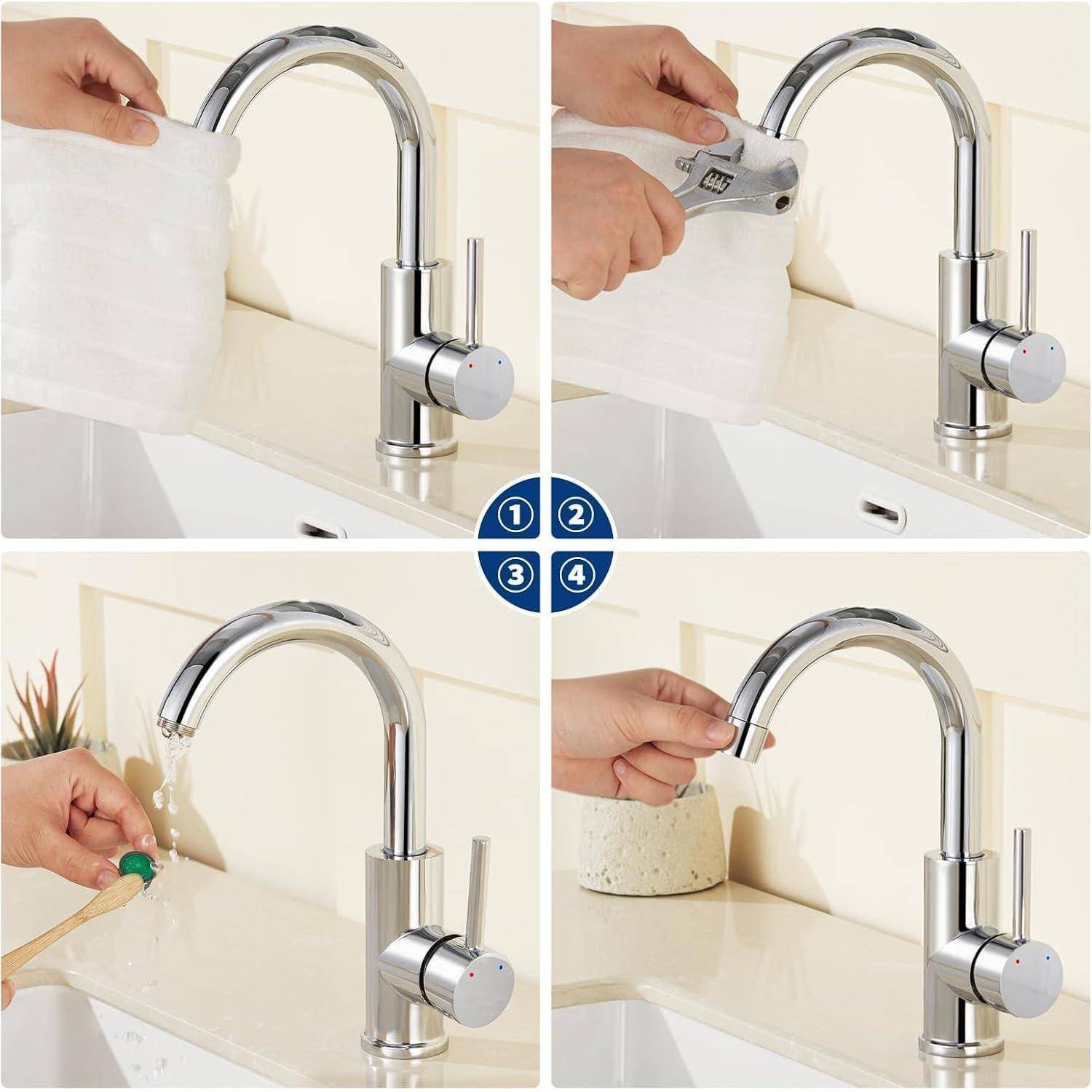 Vier Bilder, die verschiedene Verwendungsmöglichkeiten eines Küchenarmaturhahns zeigen: Reinigung mit einem Tuch, Ausspülen einer Flasche, Waschen eines Pinsels und Laufen von klarem Wasser.