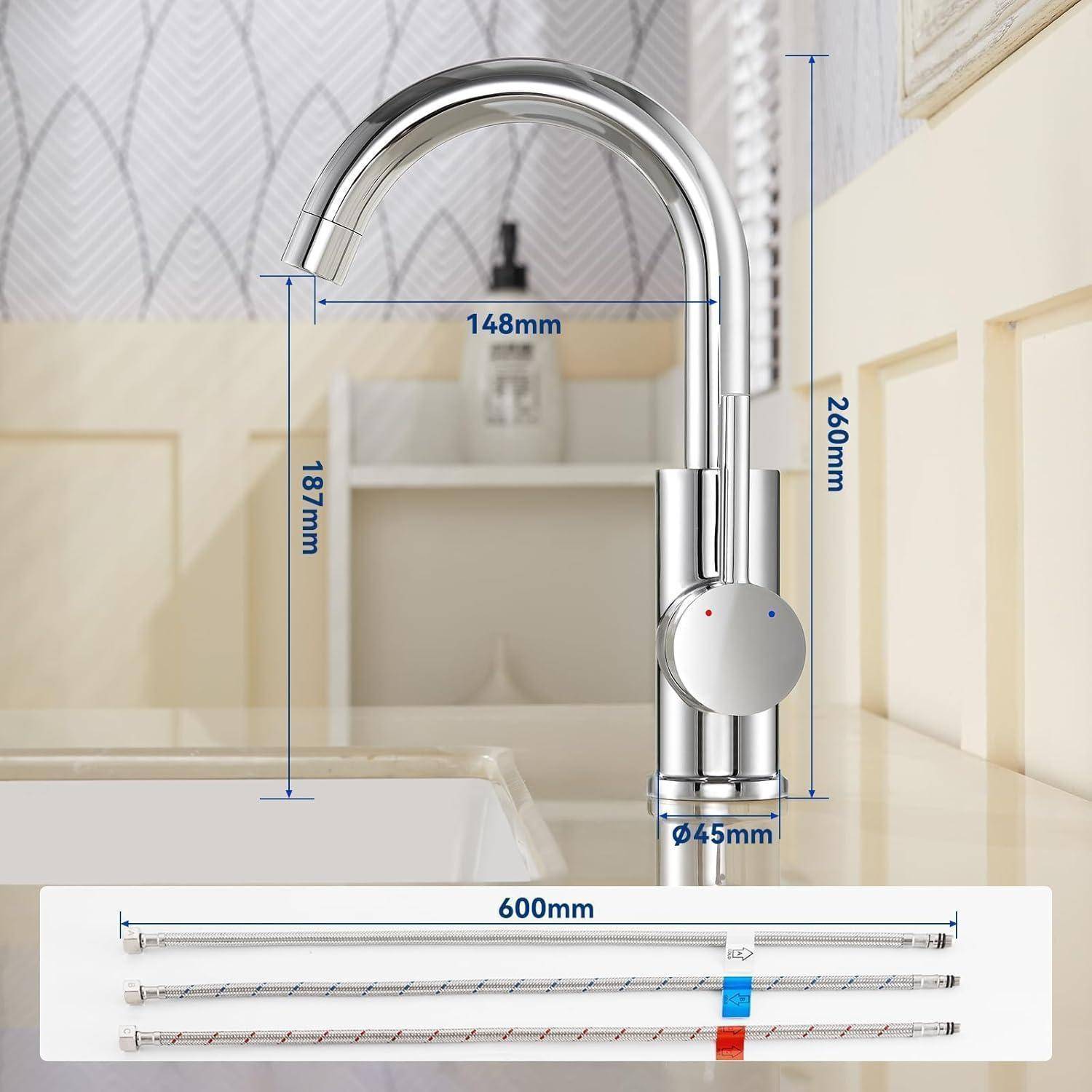 Nahaufnahme eines silbernen Küchenhahns mit beschrifteten Abmessungen: 148 mm Auslauf, 187 mm Höhe und 260 mm Gesamthöhe. Inklusive zwei 600 mm langer Schläuche.