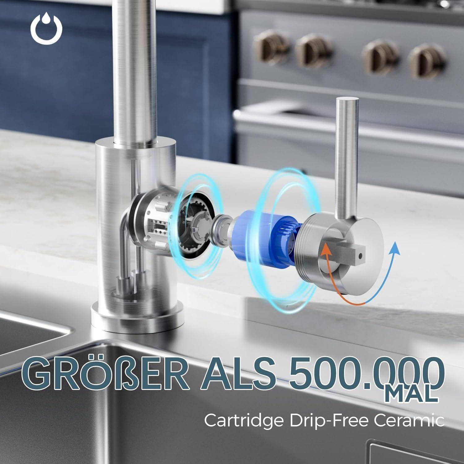 Wasserhahn mit sichtbarem Keramik-Kartuschenmechanismus, in einer Küchenumgebung platziert. Text im Bild liest: 