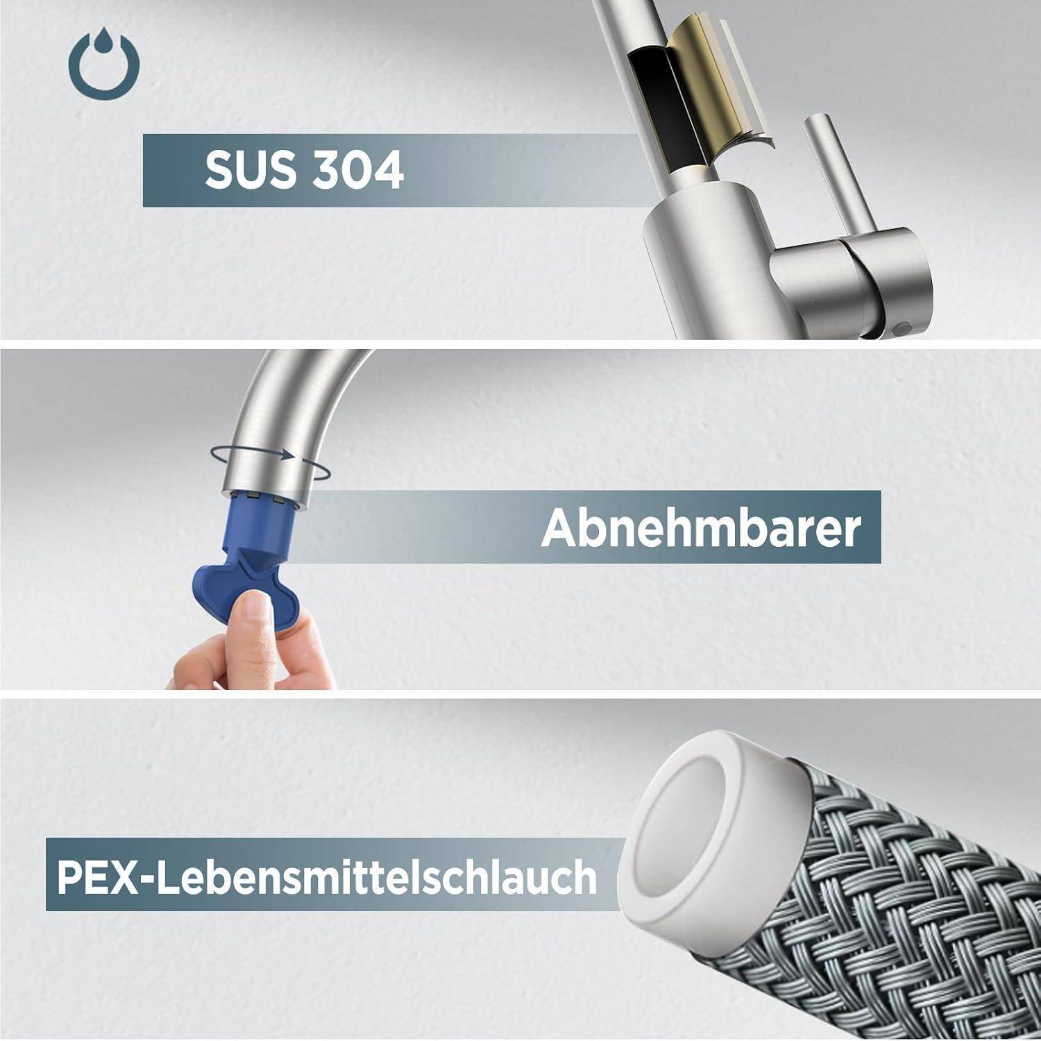 Abbildung zeigt einen Edelstahl-Wasserhahn mit der Kennzeichnung 
