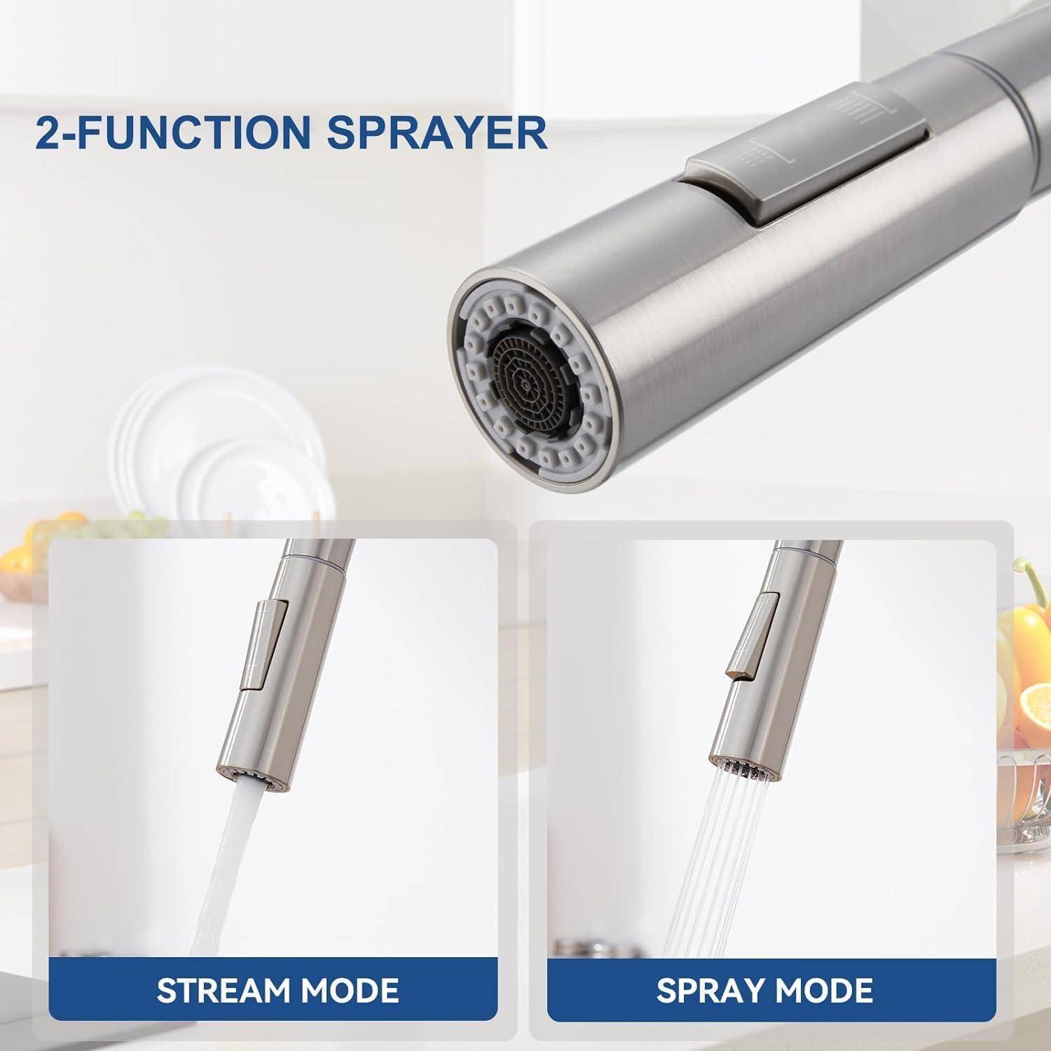 Sprühkopf mit zwei Betriebsmodi: Strahl und Sprühen. Edelstahl-Finish; beschriftete Modusknöpfe sichtbar. Küchenspülenhintergrund.