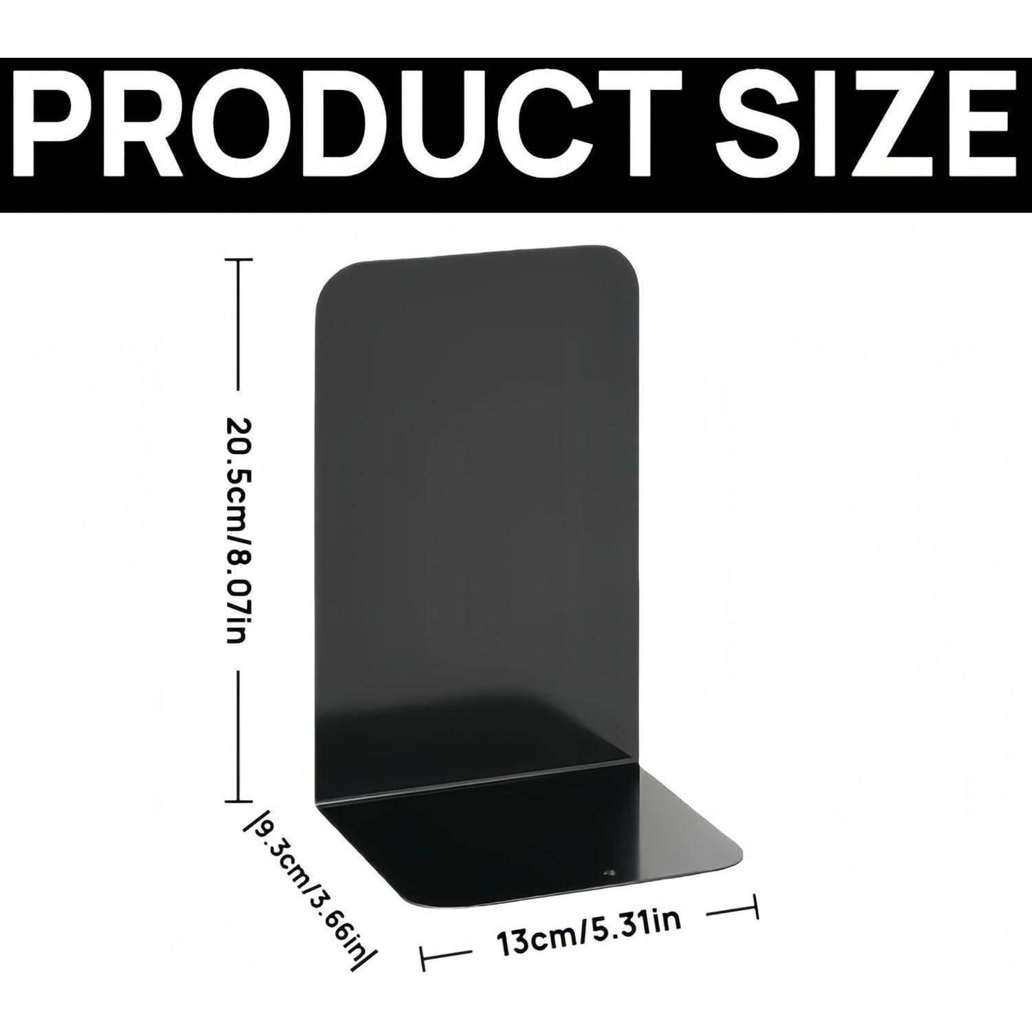 PRODUKTGRÖSSE' über einem Bild eines schwarzen Buchstütze. Abmessungen: 20,5 cm/8,07 Zoll Höhe, 9,3 cm/3,66 Zoll Breite, 13 cm/5,31 Zoll Tiefe.
