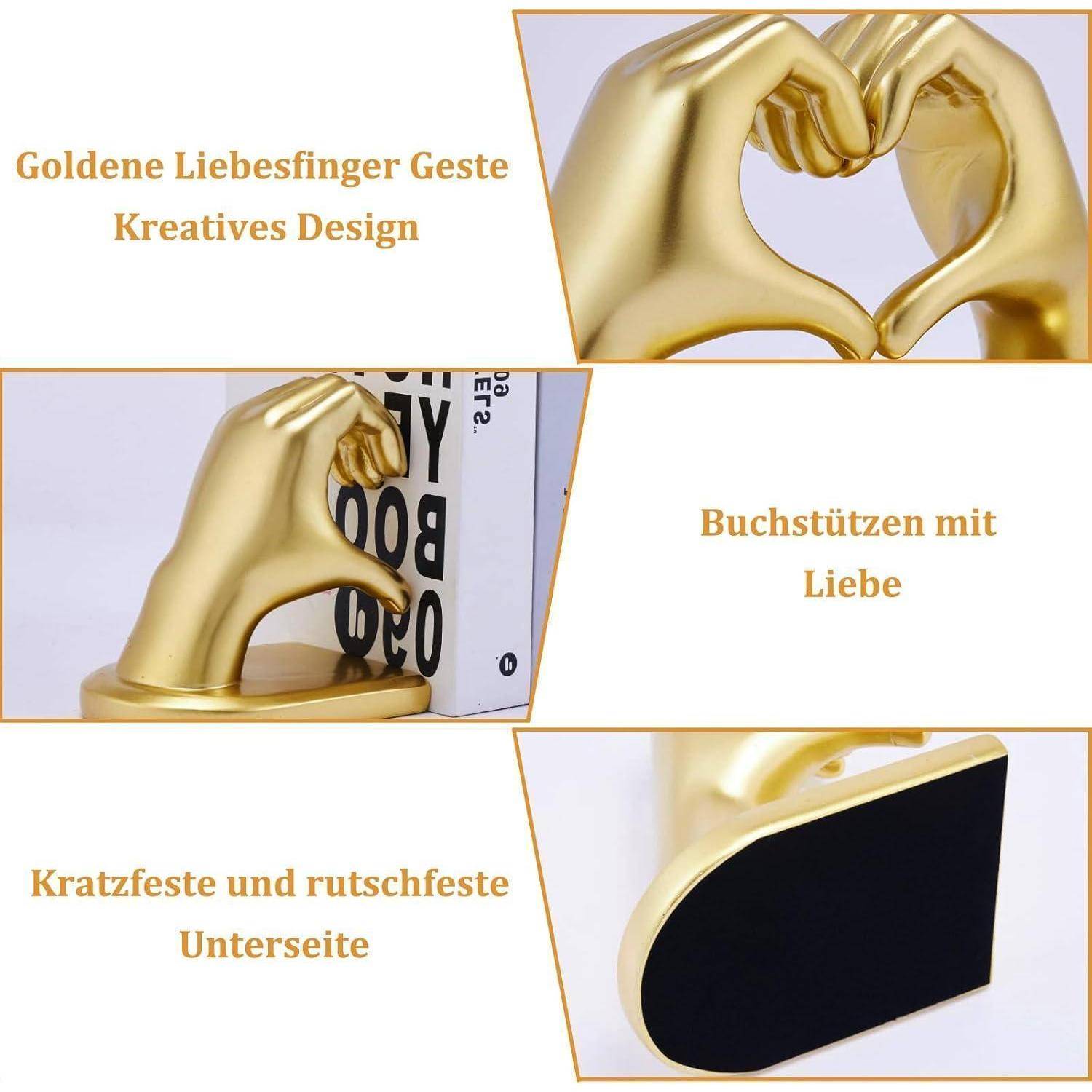 Goldene Liebesfinger Geste' rahmt eine kreative Herzform ein. Zu den Merkmalen gehört eine dauerhafte, rutschfeste Basis für Stabilität.