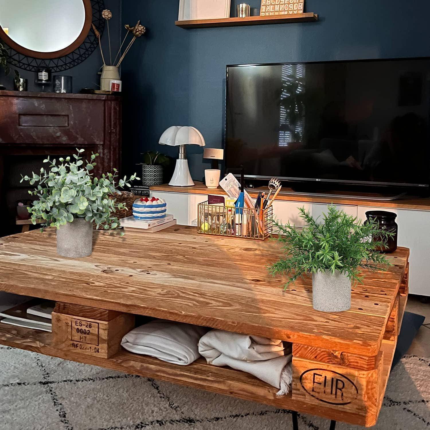 Ein gemütliches Wohnzimmer mit einem Holzkaffeetisch, auf dem Topfpflanzen, Schreibwaren und ein dekorativer Kamin im Hintergrund neben einem großen Fernseher platziert sind.