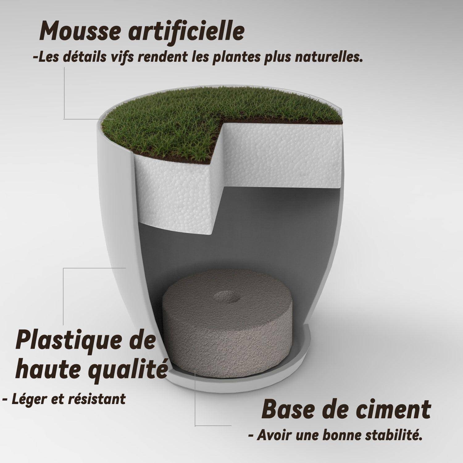 Künstliches Moos mit realistischen Details verziert einen querschnittsartig gestalteten Topf aus hochwertigem Kunststoff, der leicht und robust ist und auf einer Zementbasis für Stabilität steht.