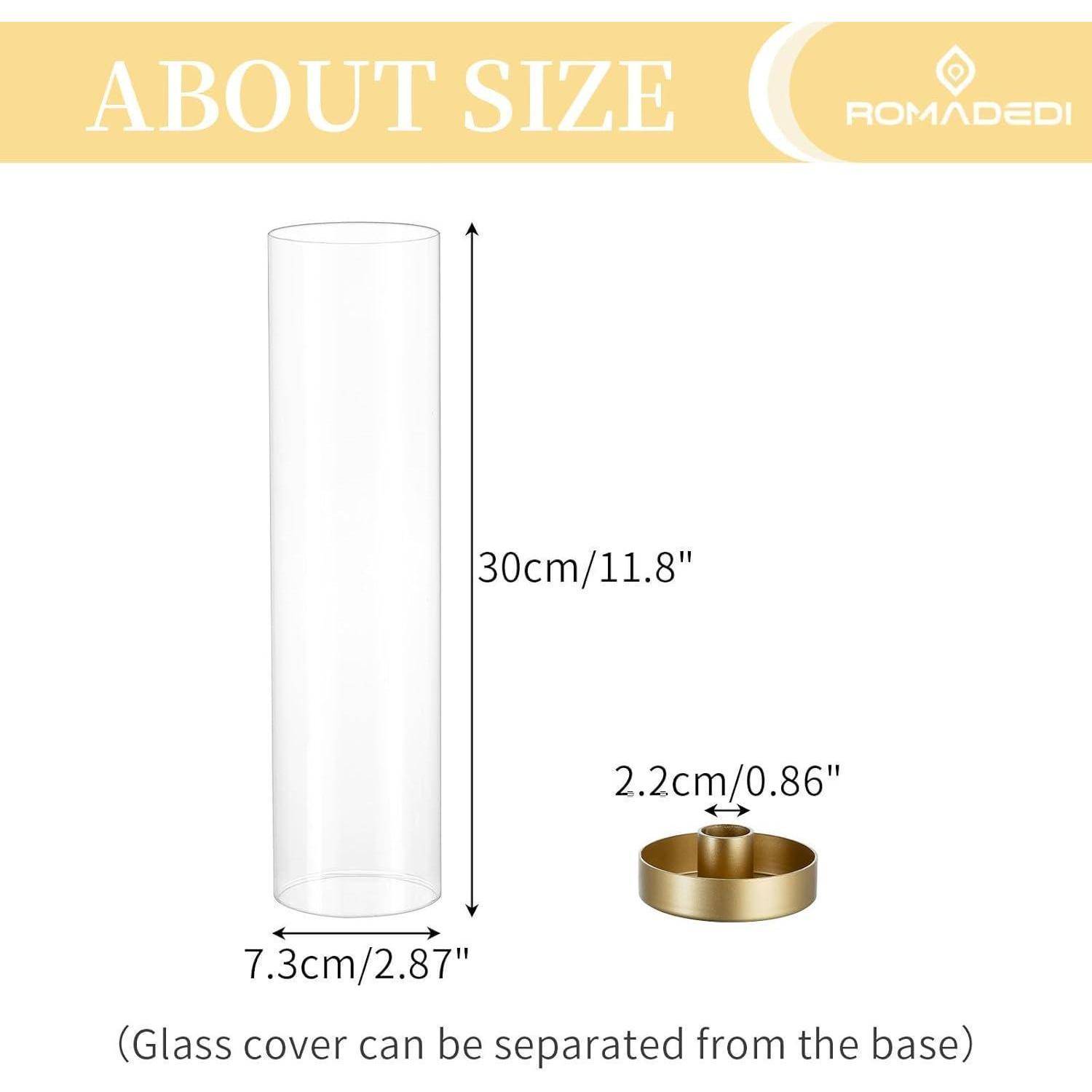 Ein Glaszylinder mit Abdeckung, 30 cm hoch und 7,3 cm breit, mit einer abnehmbaren 2,2 cm hohen Basis.