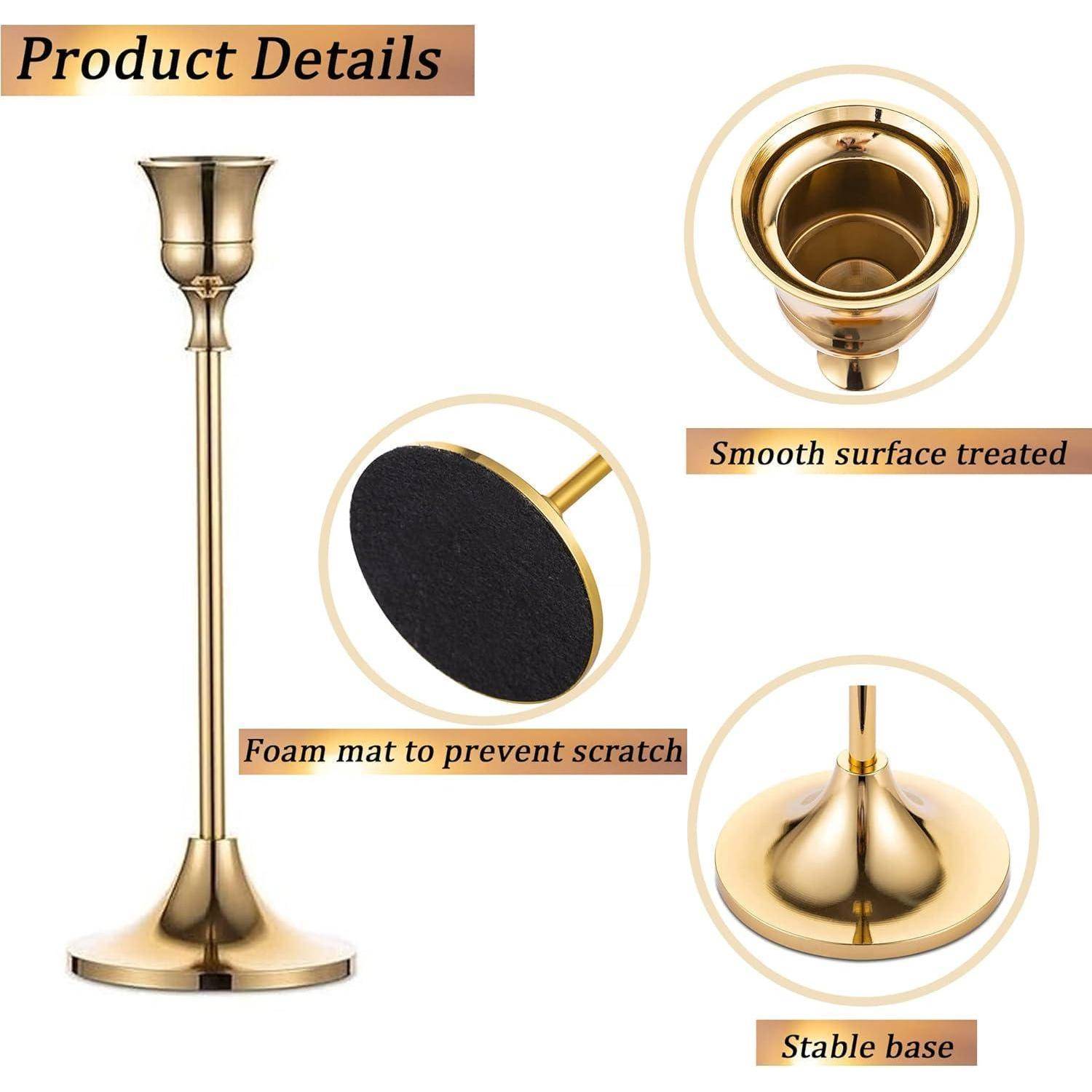 Ein goldener Kerzenhalter mit glatter Oberfläche, Schaumstoffmatte zur Vermeidung von Kratzern und einer stabilen Basis. Text lautet: 'Produktdetails'.