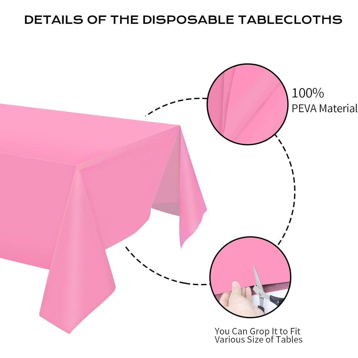 Abbildung zeigt eine rosa Einweg-Tischdecke aus 100% PEVA-Material. Zu den Merkmalen gehören individuell anpassbare Größe und Kantenabschneidung.