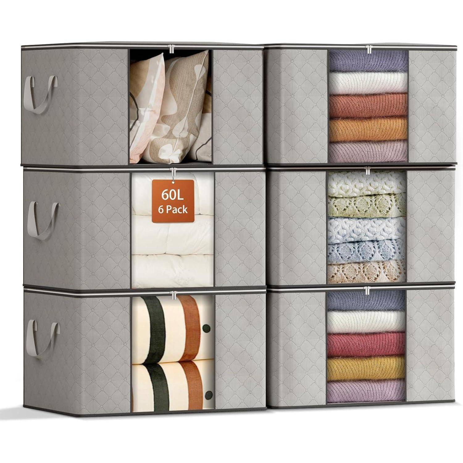 6er Set 60L Aufbewahrungsbox mit Deckel und Griffen, transparentes