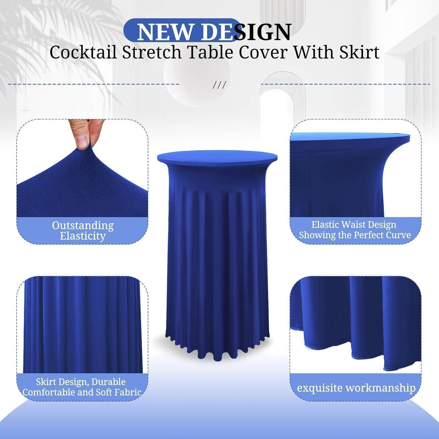 Neues Design: Cocktail-Stretchbezug mit Rocksaum.' Bild zeigt einen blauen Tischbezug mit elastischem Bund, Rocksaum-Design und hervorgehobener Elastizität.