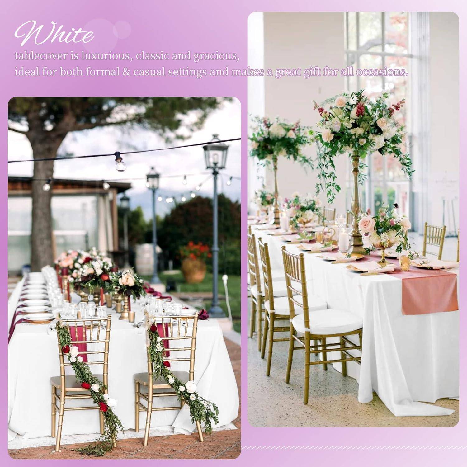Elegante Esstische, gedeckt mit weißen Tischdecken, goldenen Stühlen und Blumenarrangements als Tischdekoration, geeignet für formelle und ungezwungene Anlässe.