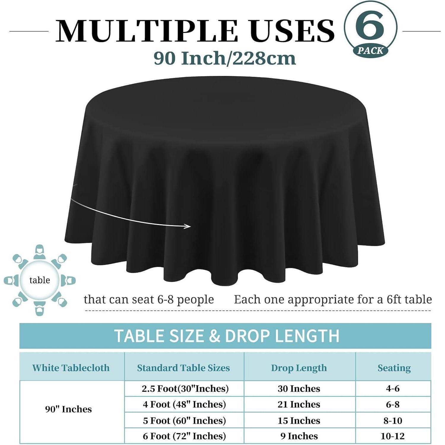 Runde schwarze Tischdecke für Tische mit Sitzplätzen für 6-8 Personen, 90 Zoll im Durchmesser. Enthält Größen- und Sitzplatzrichtlinien für verschiedene Tischgrößen.