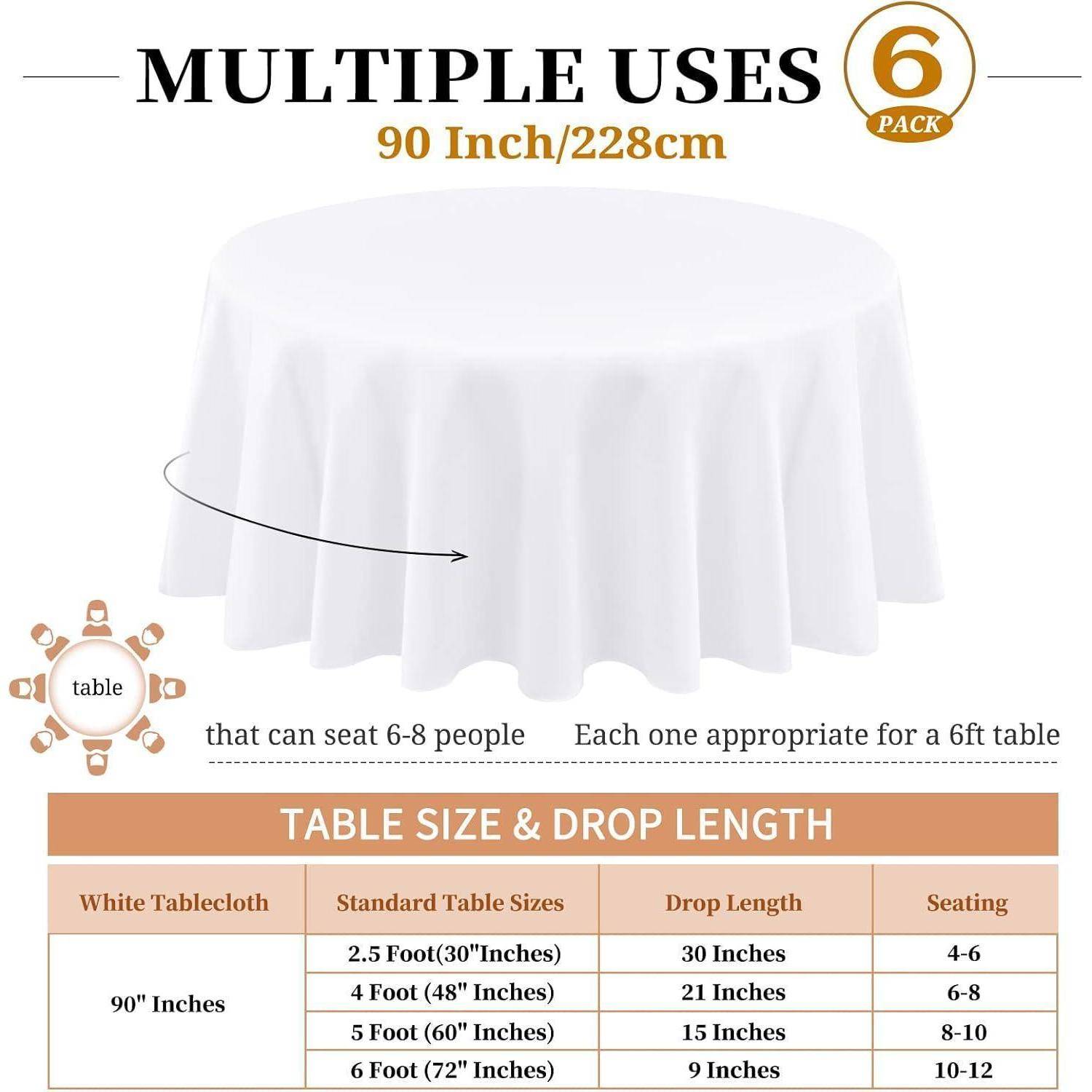 Mehrfachverwendung 6er-Pack: 90 Zoll/228 cm weiße Tischdecke, die 6-12 Personen Platz bietet, geeignet für Standard-Tischgrößen mit unterschiedlichen Überhänglängen.