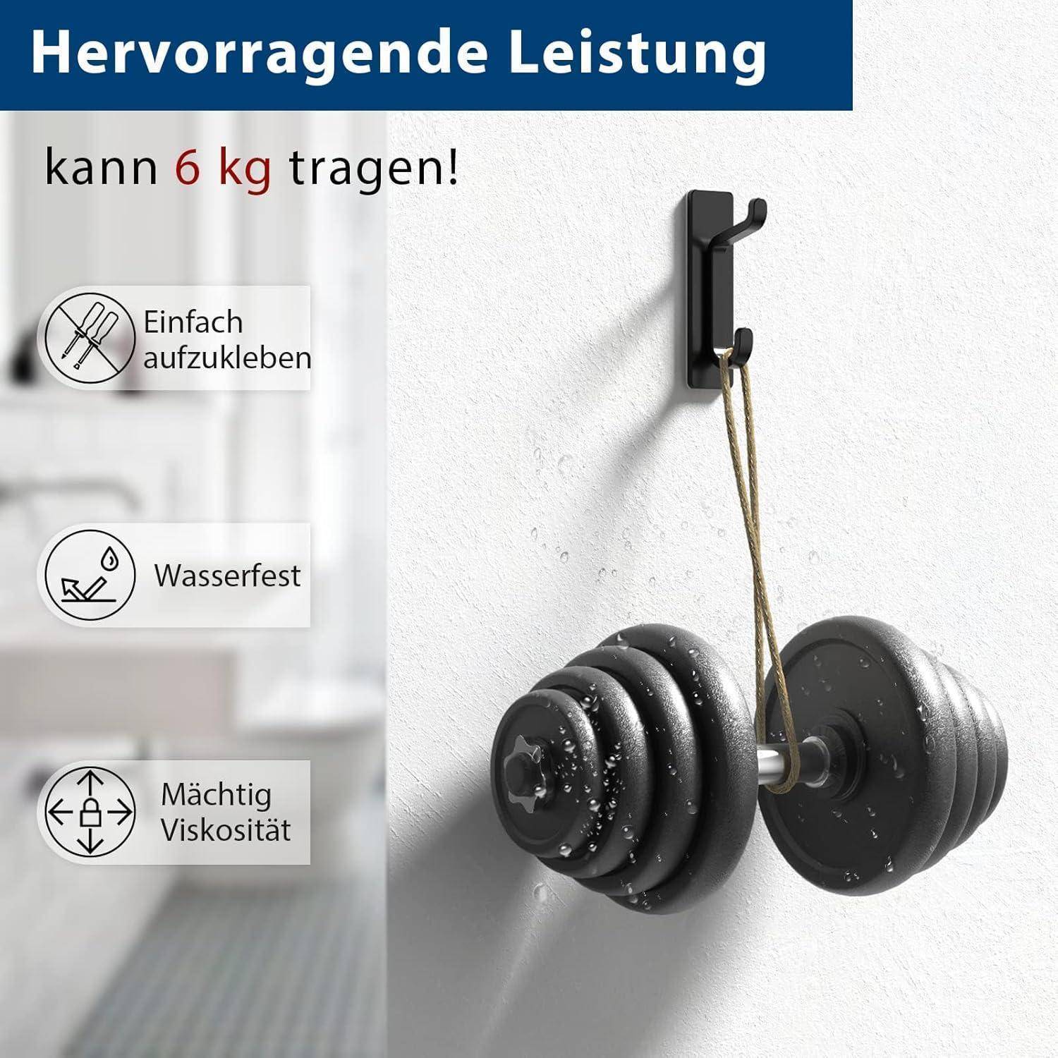 Ein Wandhaken wird gezeigt, der eine schwere Hantel hält, mit dem Text „kann 6 kg tragen!