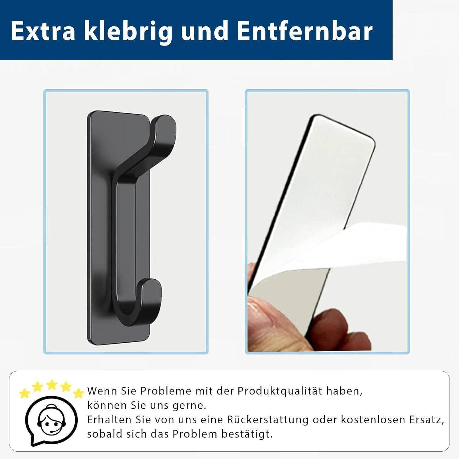 Ein schwarzer Haken und eine Hand, die einen weißen klebrigen Streifen abzieht. Deutscher Text oben liest sich: 