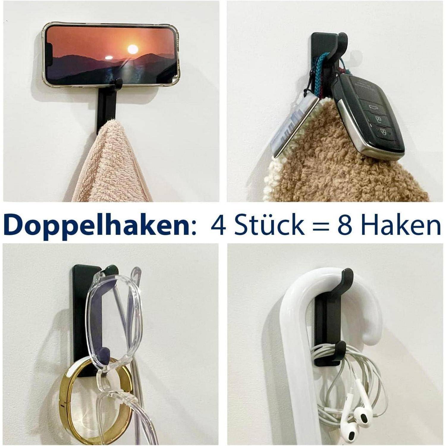 Eine Collage von vier Klebehaken, die ein Handtuch, Autoschlüssel, Brille und einen Gehstock halten, mit dem Text 