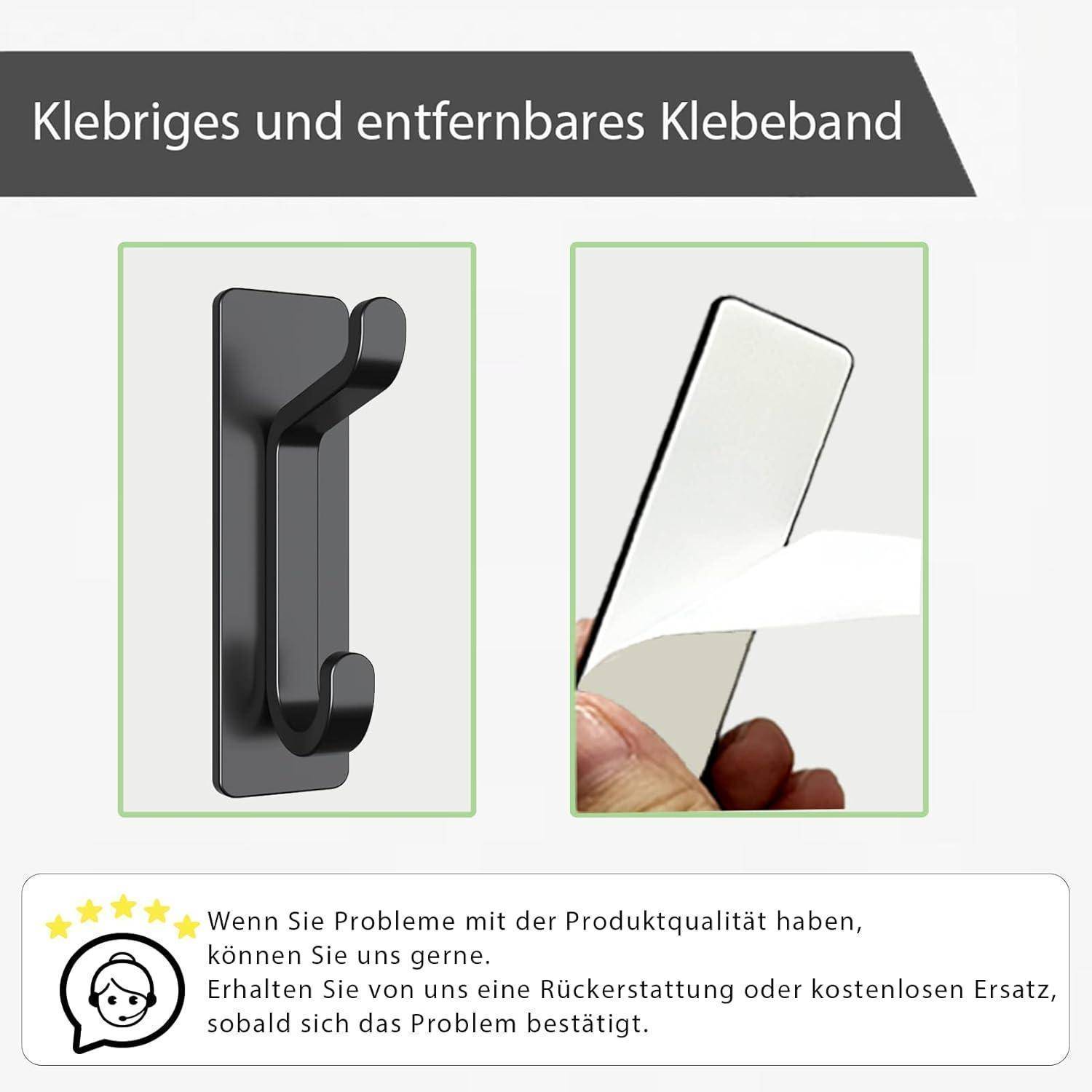 Haftendes und ablösbares Klebeband.' Das Bild zeigt einen Haken mit selbstklebender Rückseite, der abgezogen wird. Der Text unten bietet eine Produktzufriedenheitsgarantie.