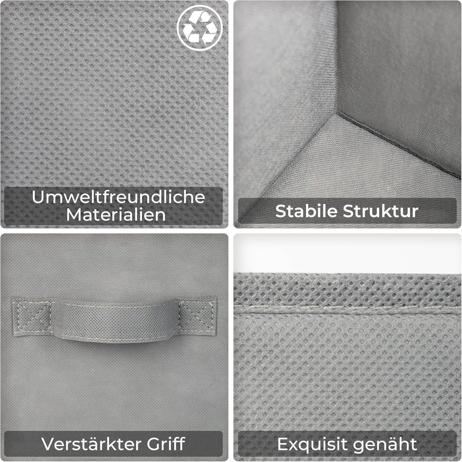 Eine Collage, die Merkmale einer Aufbewahrungsbox zeigt: umweltfreundliche Materialien, stabile Konstruktion, verstärkter Griff und präzise Nähte.