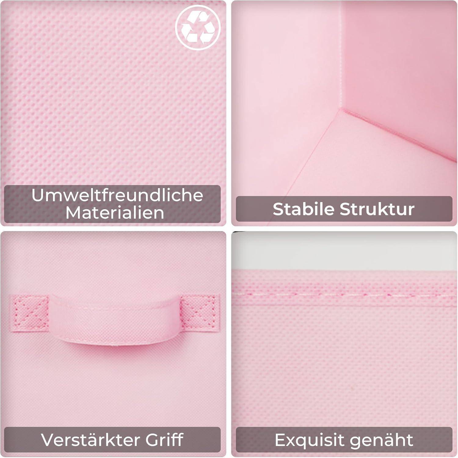 Vier Bilder, die Eigenschaften einer rosa Aufbewahrungsbox zeigen: 'Umweltfreundliche Materialien', 'Stabile Struktur', 'Verstärkter Griff', 'Exquisit genäht'.