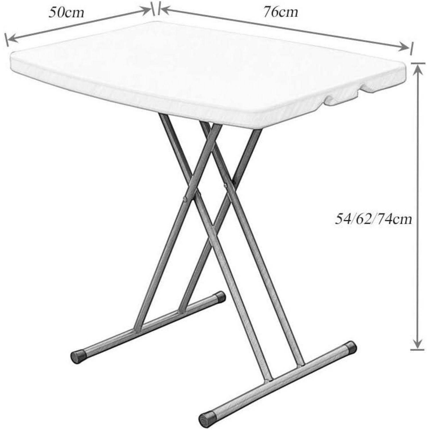 Klapptisch mit beschrifteten Abmessungen: Breite 50 cm, Tiefe 76 cm, verstellbare Höhenoptionen bei 54 cm, 62 cm und 74 cm.