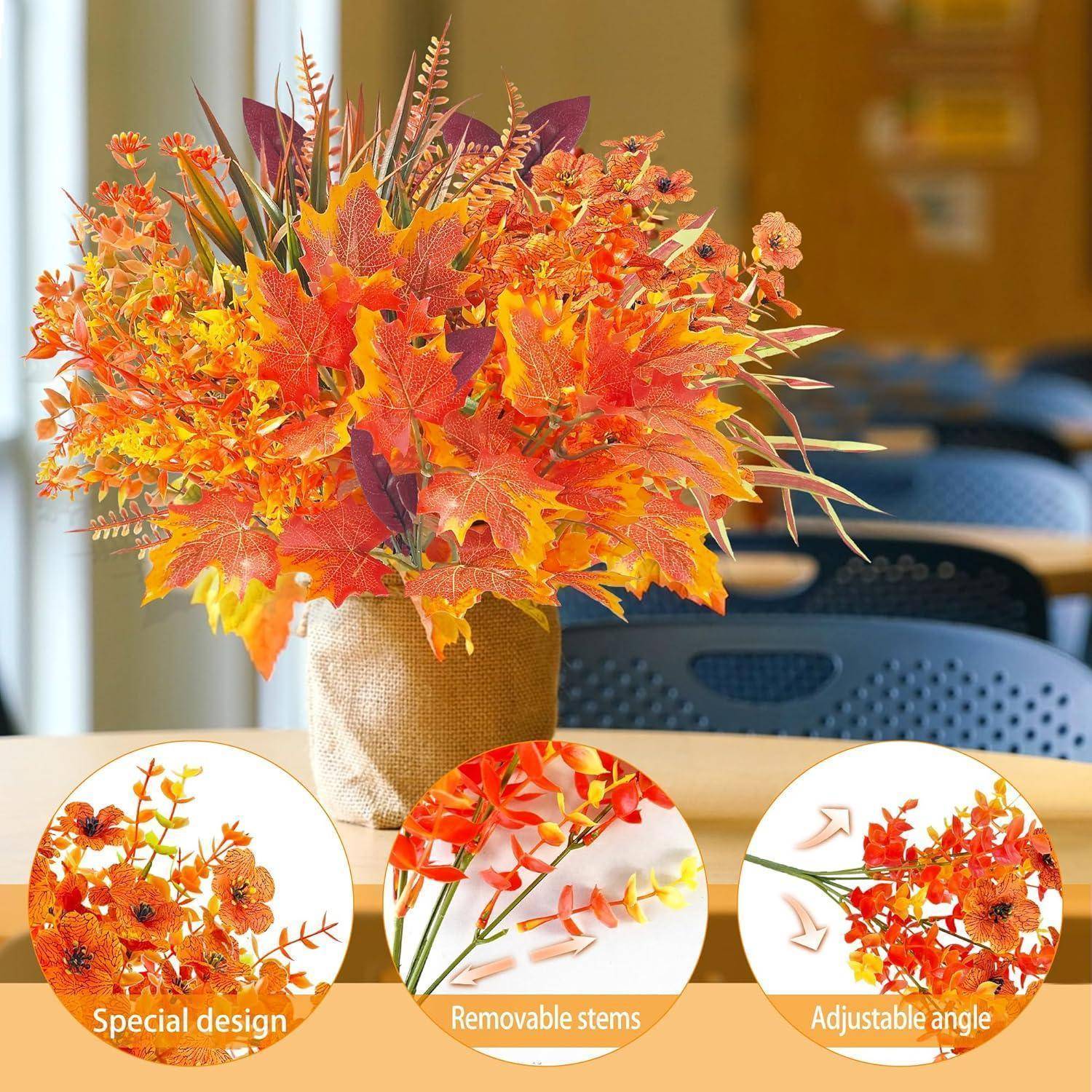 Strahlend orangefarbene und gelbe künstliche Blumengesteck in einer mit Jutegewebe umwickelten Vase auf einem Tisch, mit Text, der das spezielle Design, die abnehmbaren Stiele und den verstellbaren Winkel hervorhebt.
