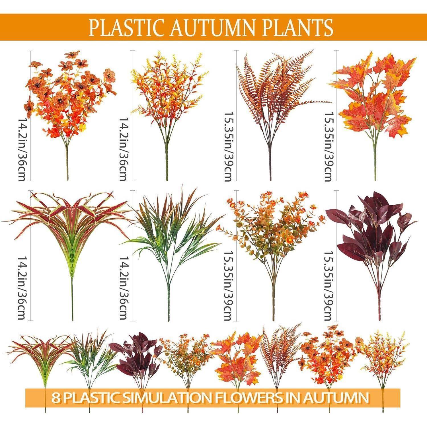 Herbst-Kunstpflanzen aus Kunststoff: 8 künstliche Blumen in Herbstfarben. Jeder Stiel ist etwa 14-15 Zoll hoch und weist verschiedene orange, rote und grüne Blätter auf.