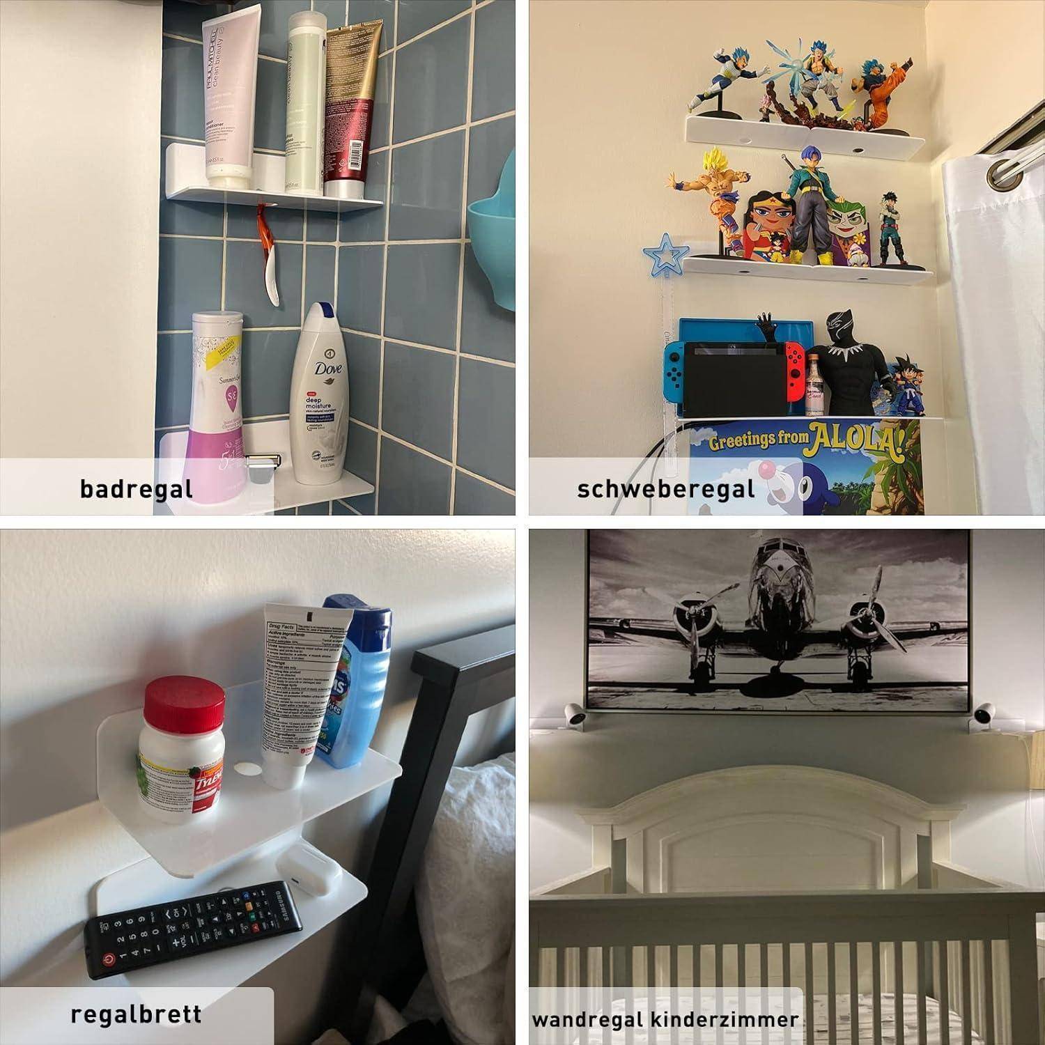 Vier Regale in verschiedenen Umgebungen: Badezimmerregal mit Toilettenartikeln, Zimmerregal mit Figuren und Spielkonsole, Nachttischregal mit kleinen Gegenständen und Kinderzimmerregal über einem Kinderbett.