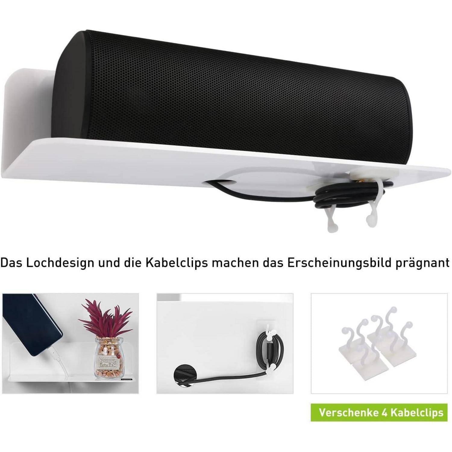 Ein schwarzer Lautsprecher auf einem weißen Regal mit Kabelhaltern darunter. Zusätzliche Bilder zeigen eine Pflanze auf einem Regal, Kabelmanagement und einen Kabelhalterset.