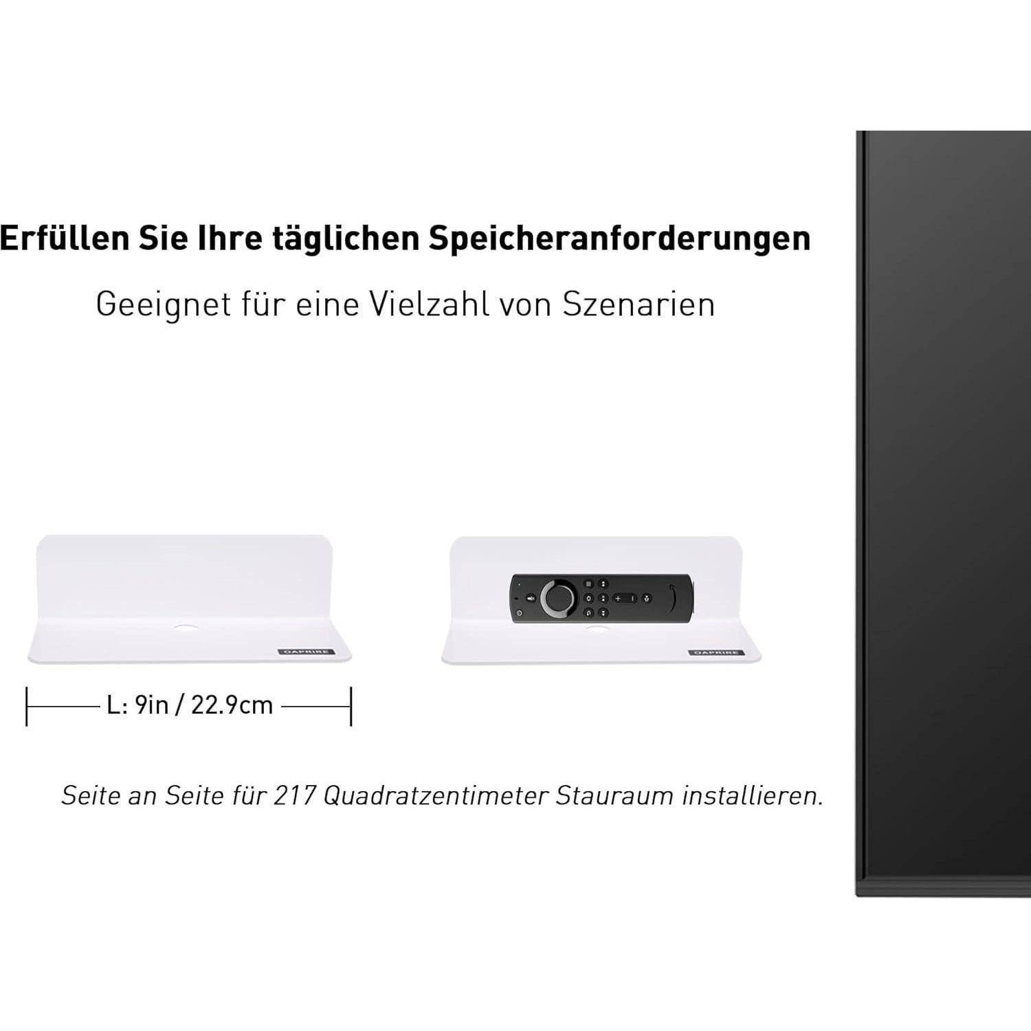Regalabmessungen werden dargestellt und auf Deutsch beschrieben. Das Regal eignet sich für verschiedene Szenarien und misst 9 Zoll in der Breite.