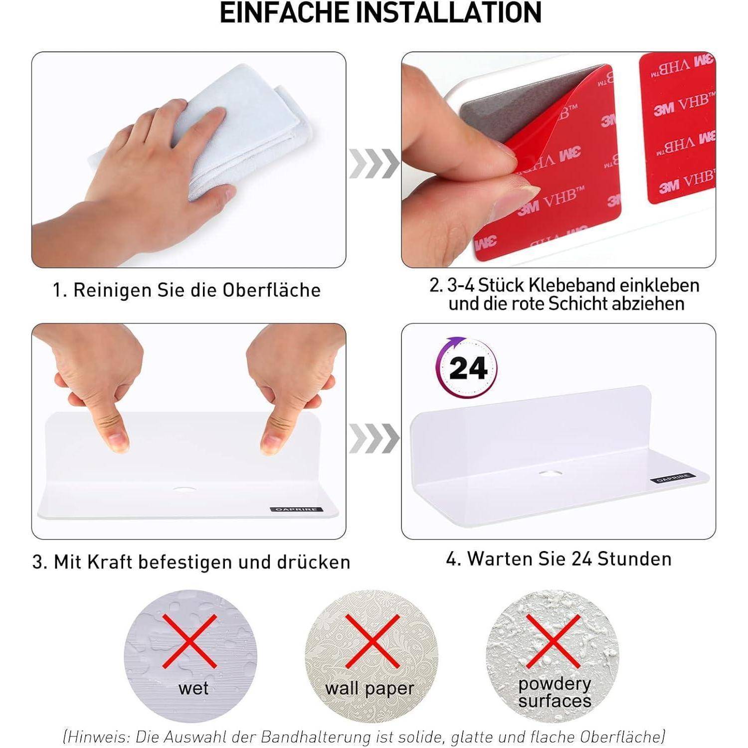 Installationsanleitung 'Einfache Montage' zeigt: 1. Oberfläche reinigen. 2. Klebstoff auftragen, rote Schutzschicht entfernen. 3. Andrücken zum Befestigen. 4. 24 Stunden warten. Nicht auf nassen, tapezierte oder staubige Oberflächen verwenden.