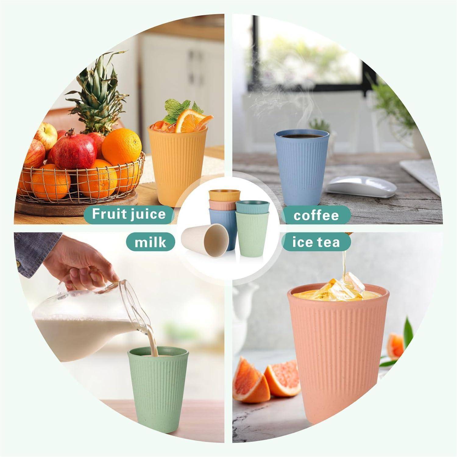 Eine kreisförmige Infografik zeigt vier Getränkeoptionen in farbenfrohen Tassen: ‚Fruchtsaft', ‚Kaffee', ‚Milch' und ‚Eistee', jeweils mit einem passenden Bild.