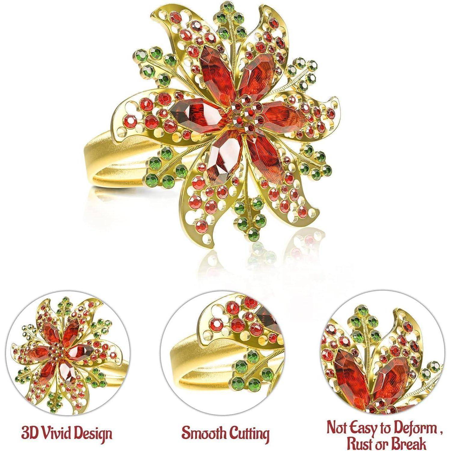 Aufwendiger Goldring mit roten und grünen Edelsteinen in einem Blumenmuster. Text: '3D Lebendiges Design', 'Präzise Schliffverarbeitung', 'Nicht leicht zu verformen, rosten oder brechen'.