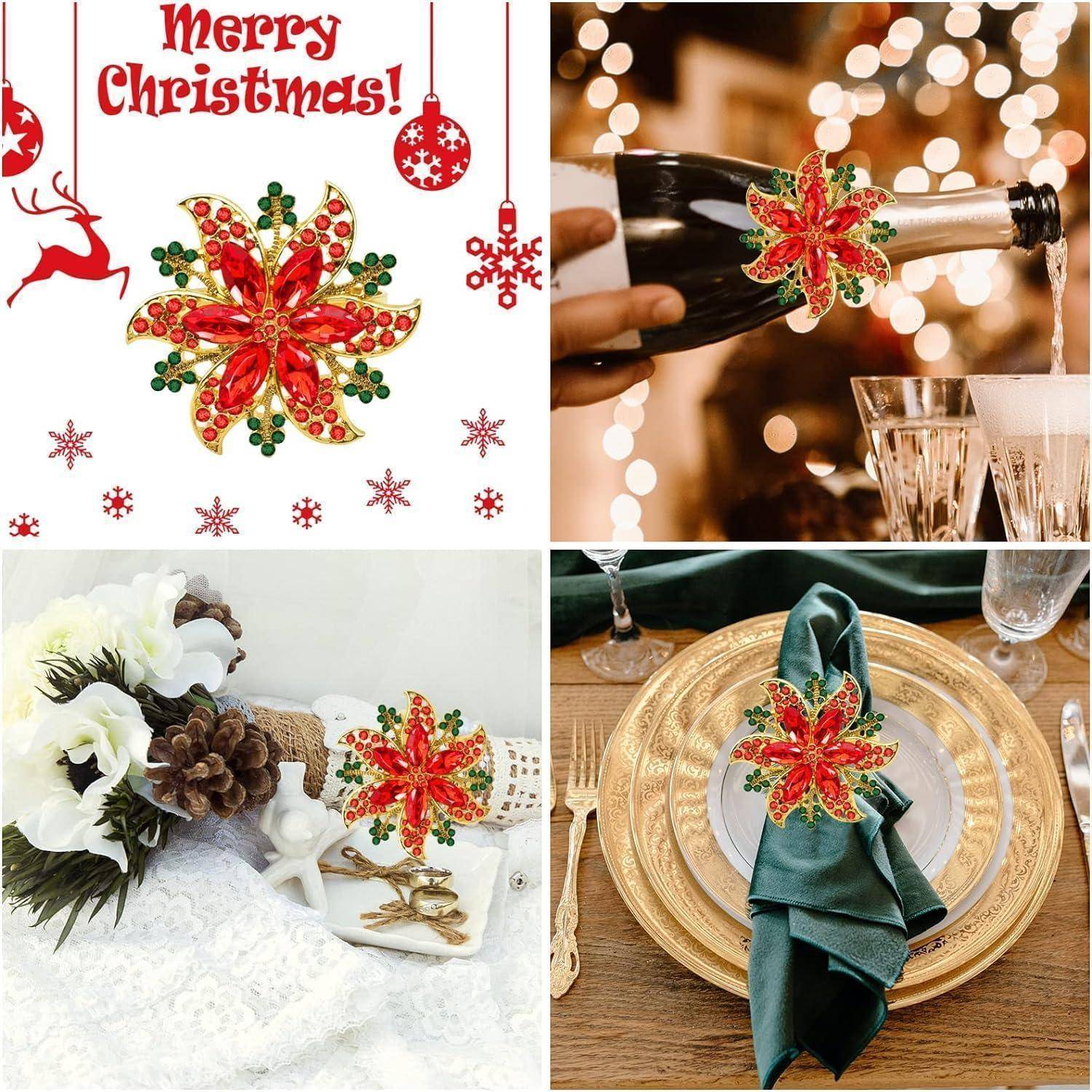 Weihnachtliche Collage mit einem festlichen Poinsettia-Design. Beinhaltet eine "Frohe Weihnachten!""-Grußbotschaft, Champagner, Geschenkdekoration und eine Tischeindeckung.