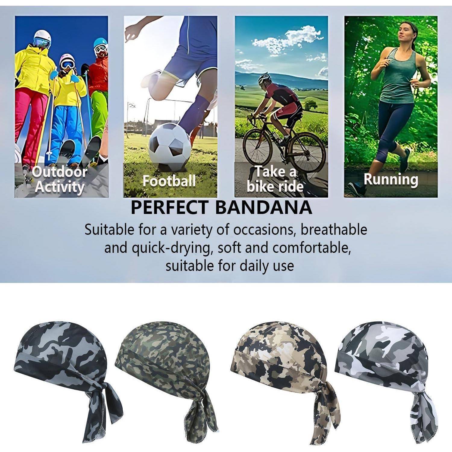 Perfektes Bandana' Bild, das vier Aktivitäten zeigt: Outdoor-Aktivität, Fußball, Radfahren, Laufen. Darunter vier Bandana-Designs, die die Vielseitigkeit hervorheben.