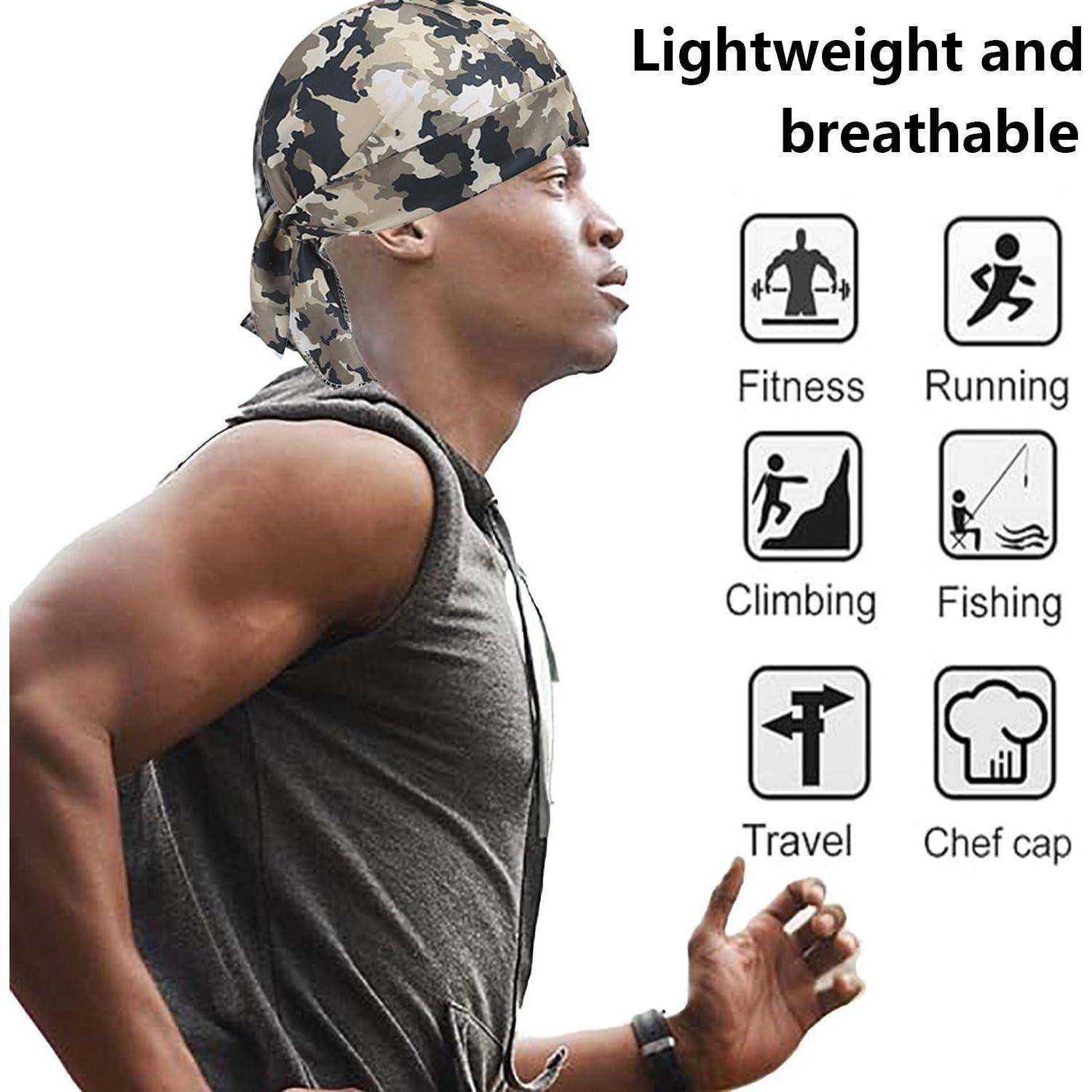 Ein Einzelner läuft und trägt ein Tarnfarben-Kopftuch. Text lautet: 'Leicht und atmungsaktiv.' Symbole zeigen Fitness, Laufen, Klettern, Angeln, Reisen, Kochmütze.