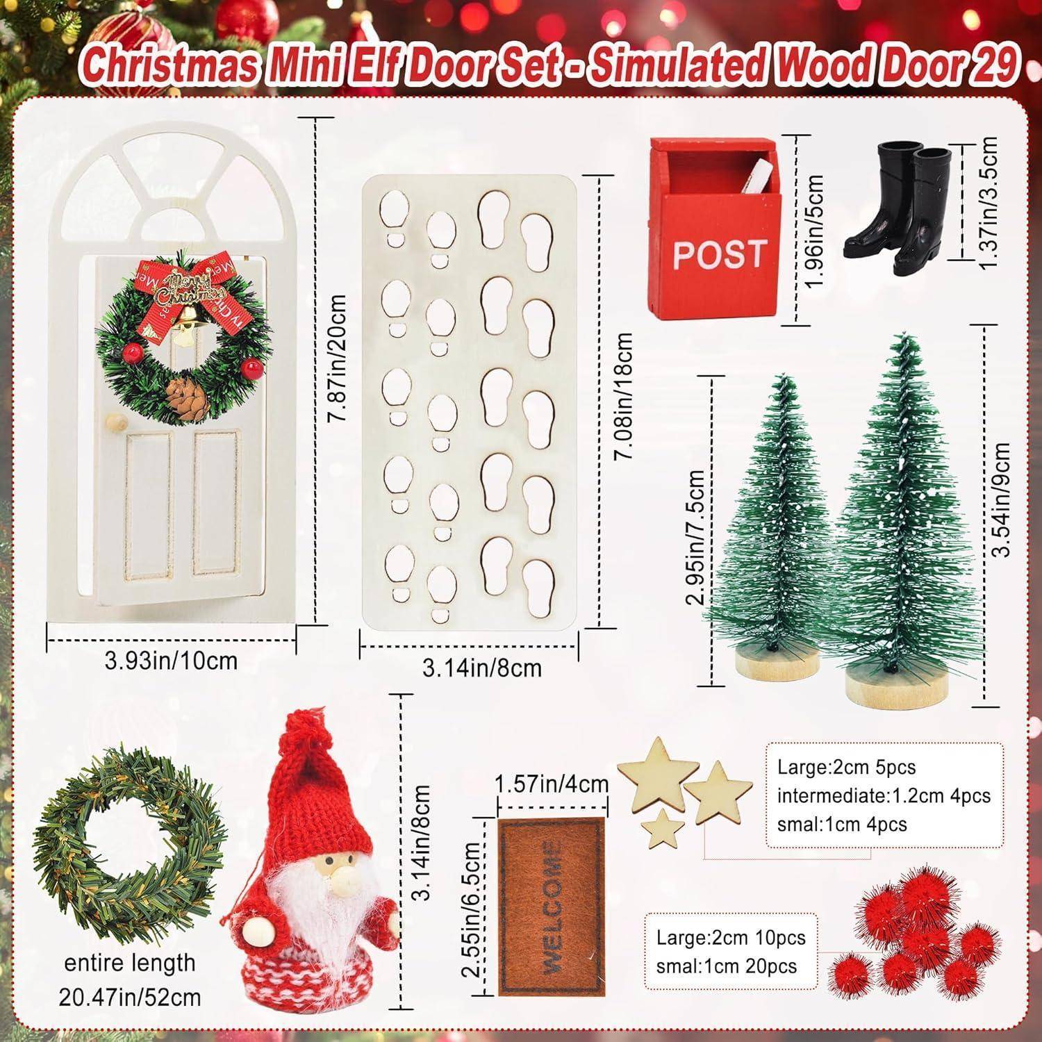 Weihnachts-Mini-Elfentür-Set' umfasst eine weiße gewölbte Tür, einen Briefkasten, Stiefel, einen Kranz, eine Weihnachtsmann-Figur, Sterne, Bäume und Holzformen.